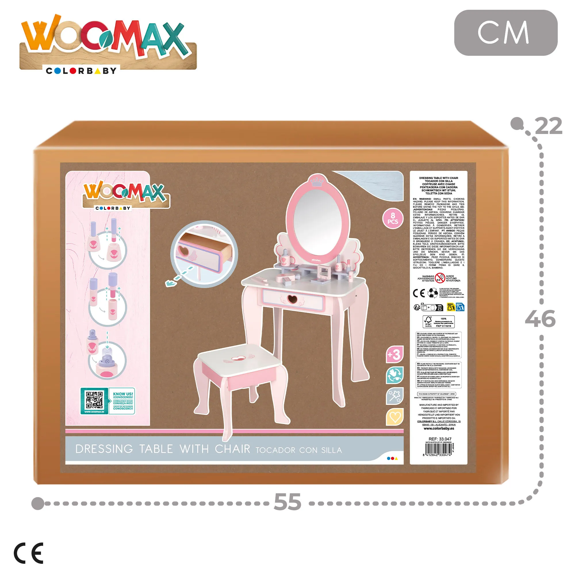 Woomax - makeup dressing table for girls with wooden stool and plexiglass mirror, 50x34x92 cm, pastel colors, children's dressings, with interactive accessories, toys for children 3 years #6