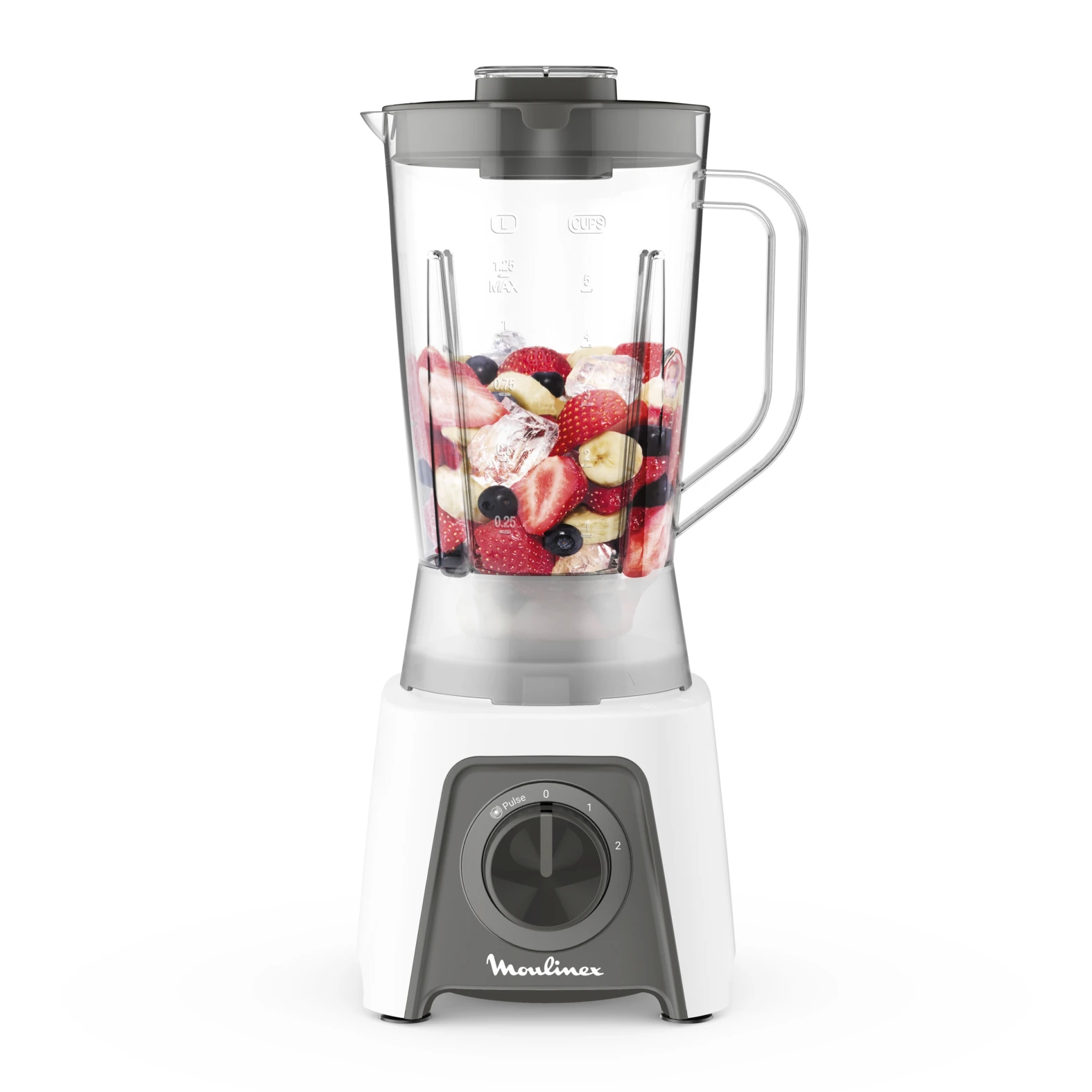Moulinex Blendeo+, Batidora de vaso de 450 W, Jarra de 1,5 L, 2 velocidades + función Pulse, Pica hielo, Duraforce Label, Sistema de bloqueo inteligente, Cuchillas extraíbles, Blanca, LM2C0110