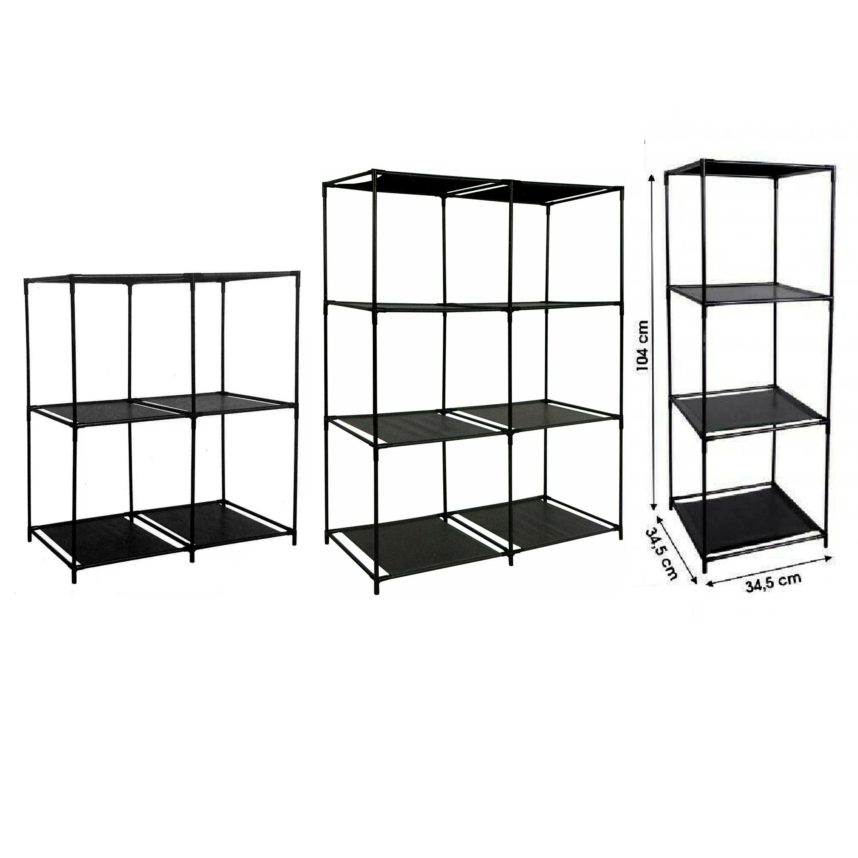 Black steel shelving with compartments for storage and home organization