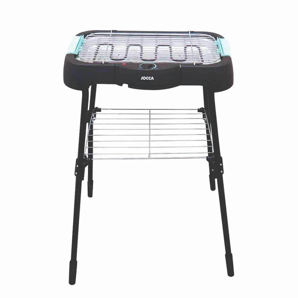 Barbacoa eléctrica Jocca con patas, gran superficie de cocción (41x24,5 cm), sin humos para interiores y exteriores, bandeja desmontable fácil de limpiar, rejilla de doble altura, estructura de metal