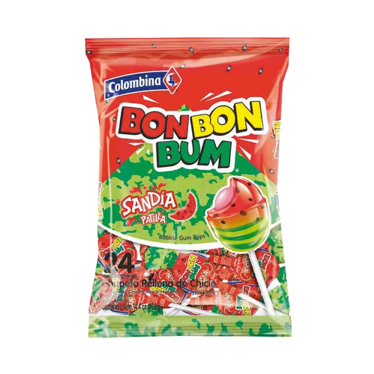 Chupa con chicle BON BON BUM sandia  100 UDS Disfruta de la icónica experiencia del dulce más querido: la chupeta Bon Bon Bum sabor Sandía. Esta presentación de 100 unidades es ideal para fiestas,