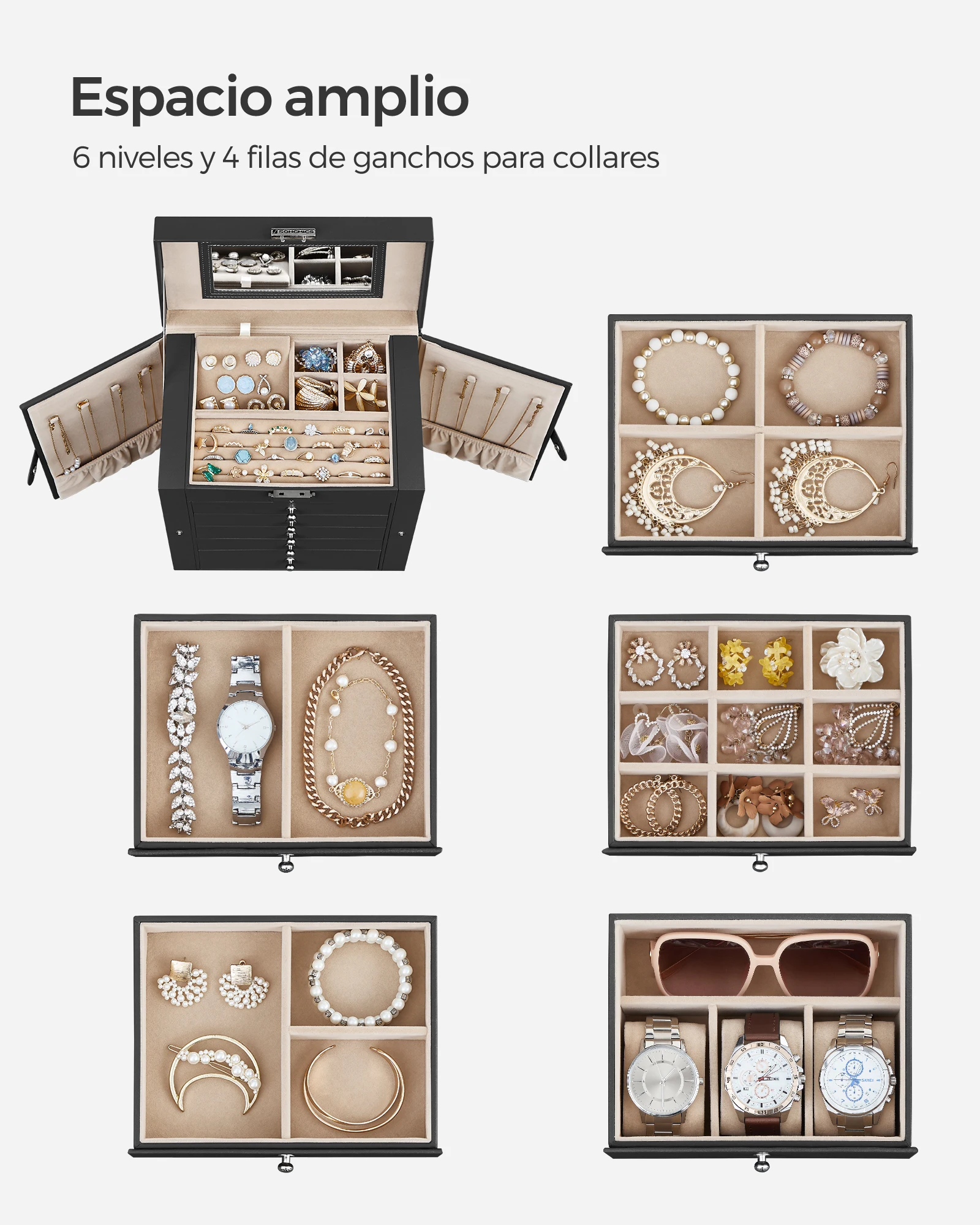 Songmics 6 tier jewelry box, jewelry box with 5 drawers, large space, interior with mirror, lock, jewelry storage, gift for loved ones, for watches, black/white/gray, christmas gift