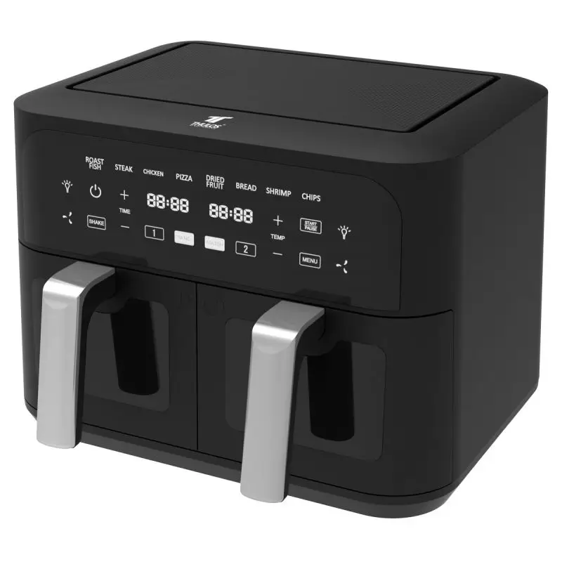 Dual air fryer, capacity: 4.5+4.5l. This innovative fryer has two baskets with a capacity of 4.5+4.5 liters each, allowing you to cook two batches of food at the same time. With an adjustable temperature range between 40 and 200oc,