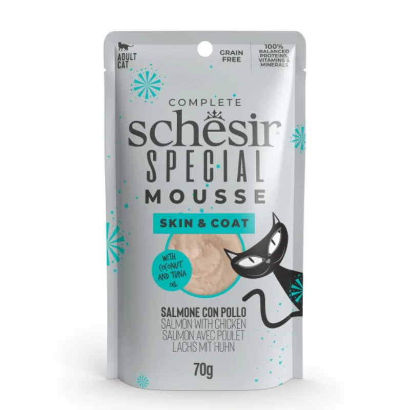 Schesir - Mousse funcional para piel y pelaje de gatos con salmón y pollo real, aceite de coco y atún, fórmula natural y alta hidratación, 12 × 70 g