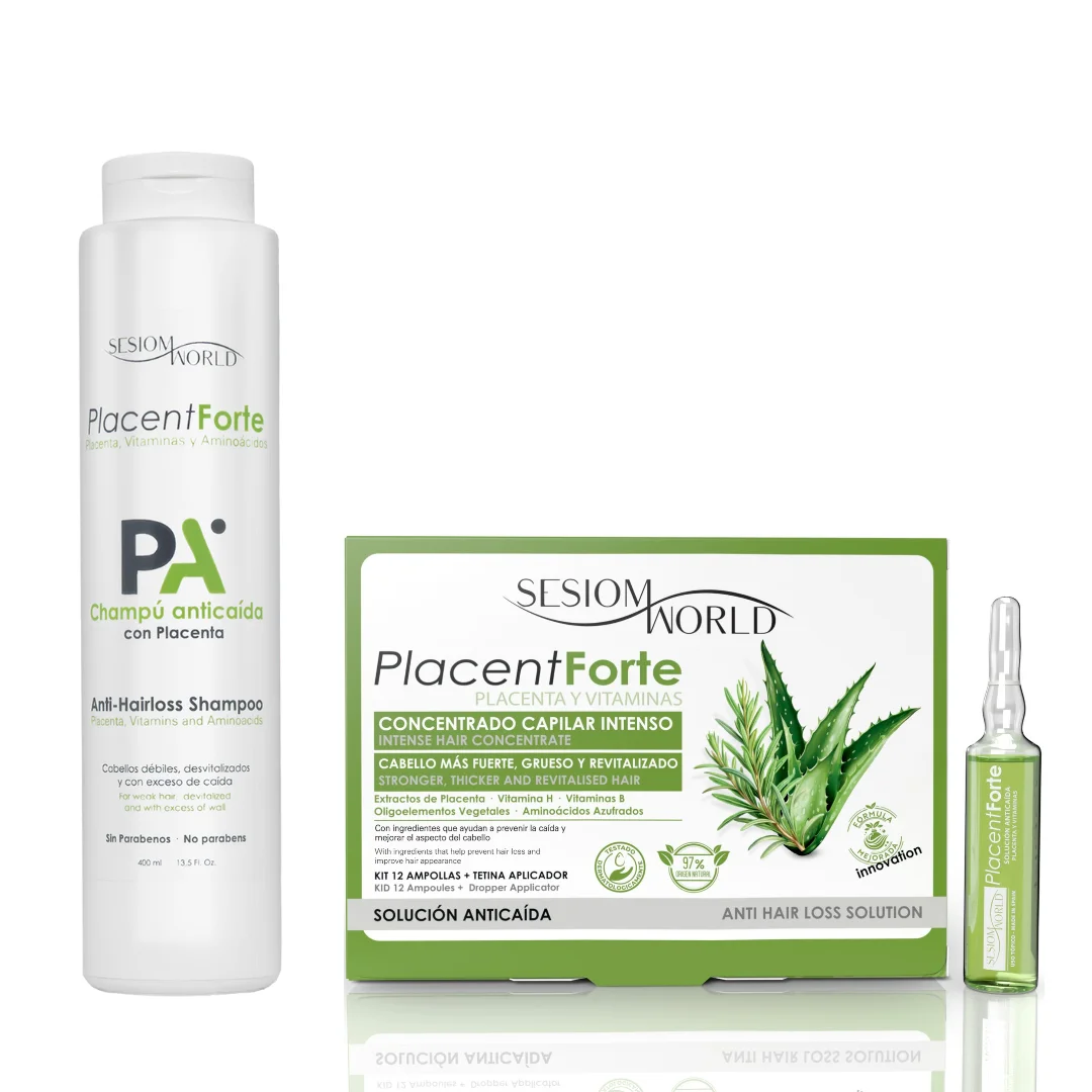 Sesiomworld - PACK Especial BASIC TRATAMIENTO ANTICAIDA PLACENT FORTE AMPOLLAS DE 12 UDSX10ML + CHAMPU TRATAMIENTO 400ML - Tratamiento Anticaída - Fortalece el Cabello - Previene la Caída