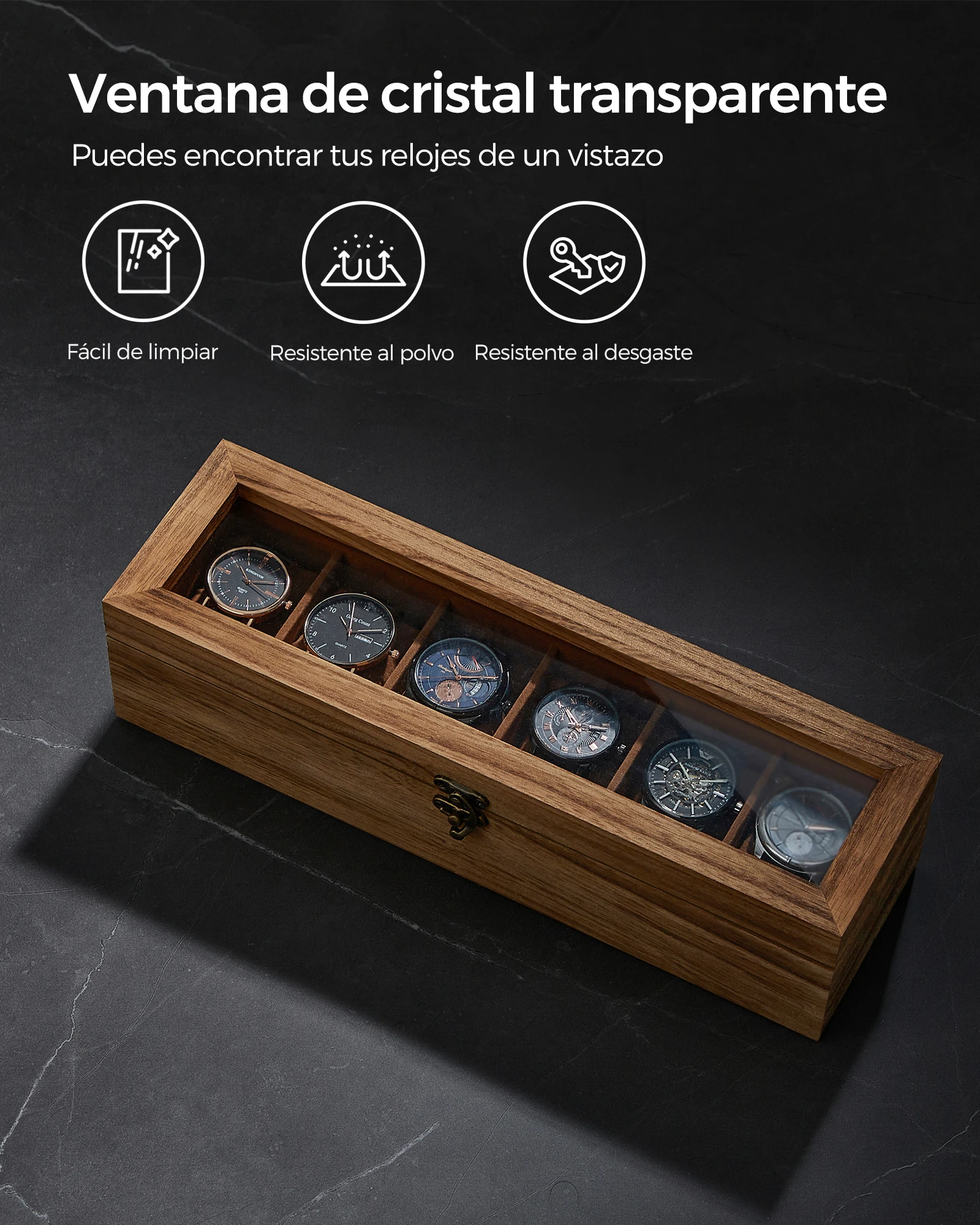Songmics watch box with 6 compartments, solid wood watch box, with glass lid, watch cushion, gift for loved ones, rustic walnut, christmas gift #5