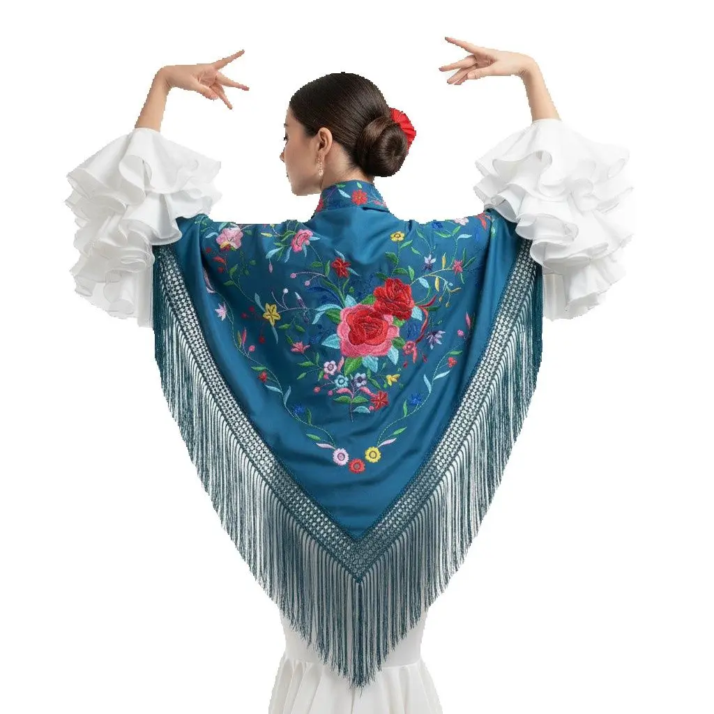 Mantón de flamenco de color petróleo con los bordados de floral multicolores