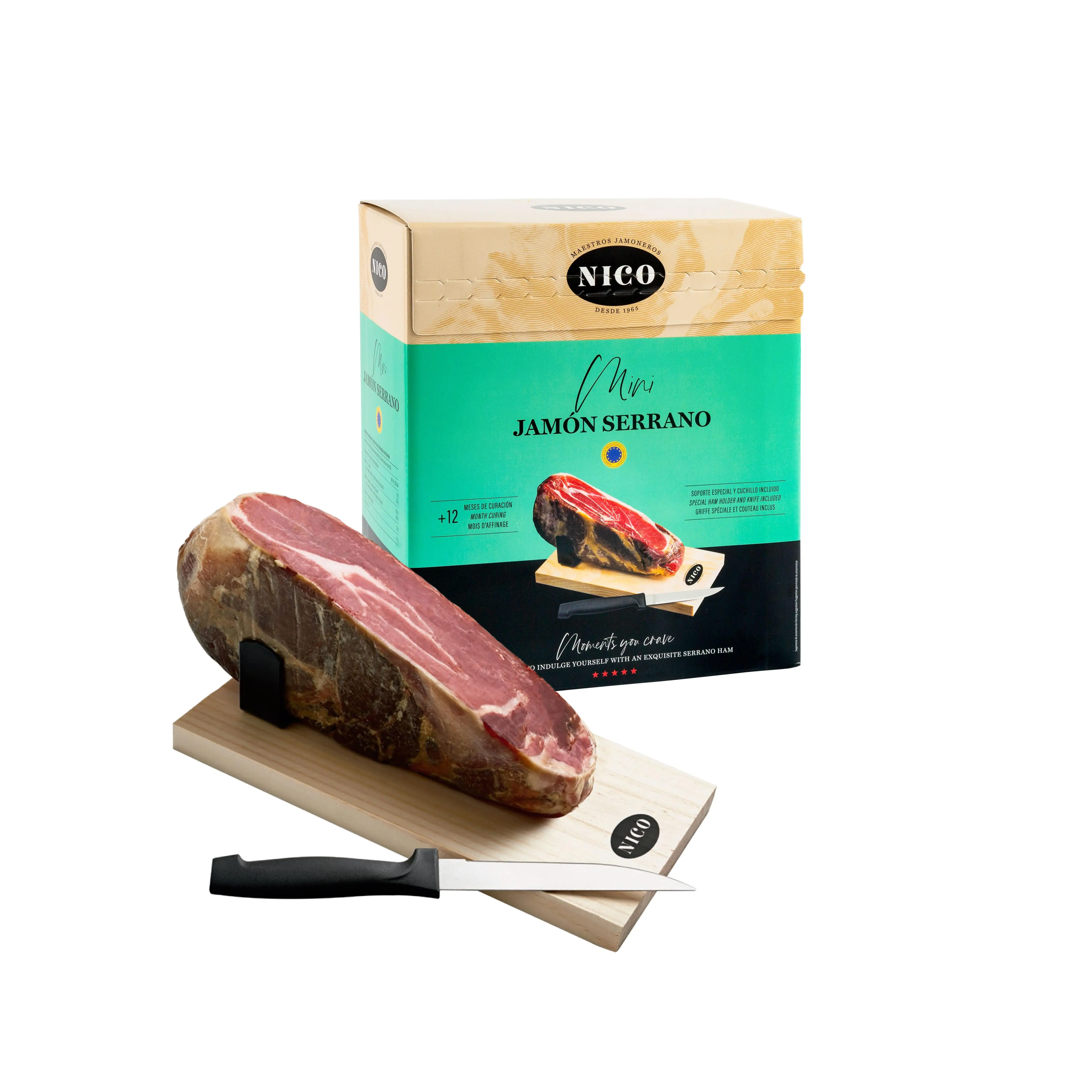 Nico Jamones - Mini Jamón Serrano con Kit de Mini Jamonero y Cuchillo - 1 Kg - Curación 12 Meses - Auténtico Serrano - Ideal para Regalo y Veladas con Amigos