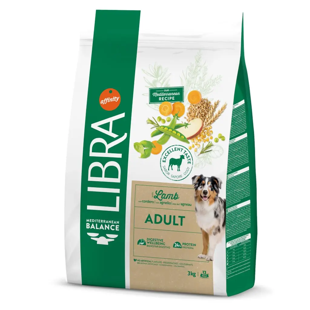Lamb Flavor Adult Dog Food 3kg, 14kg - Balanced Nutrition and Digestive Health Recipe from Affinity Libra, featuring high-quality lamb, essential oils for skin care, and natural fibers for healthy digestion.
