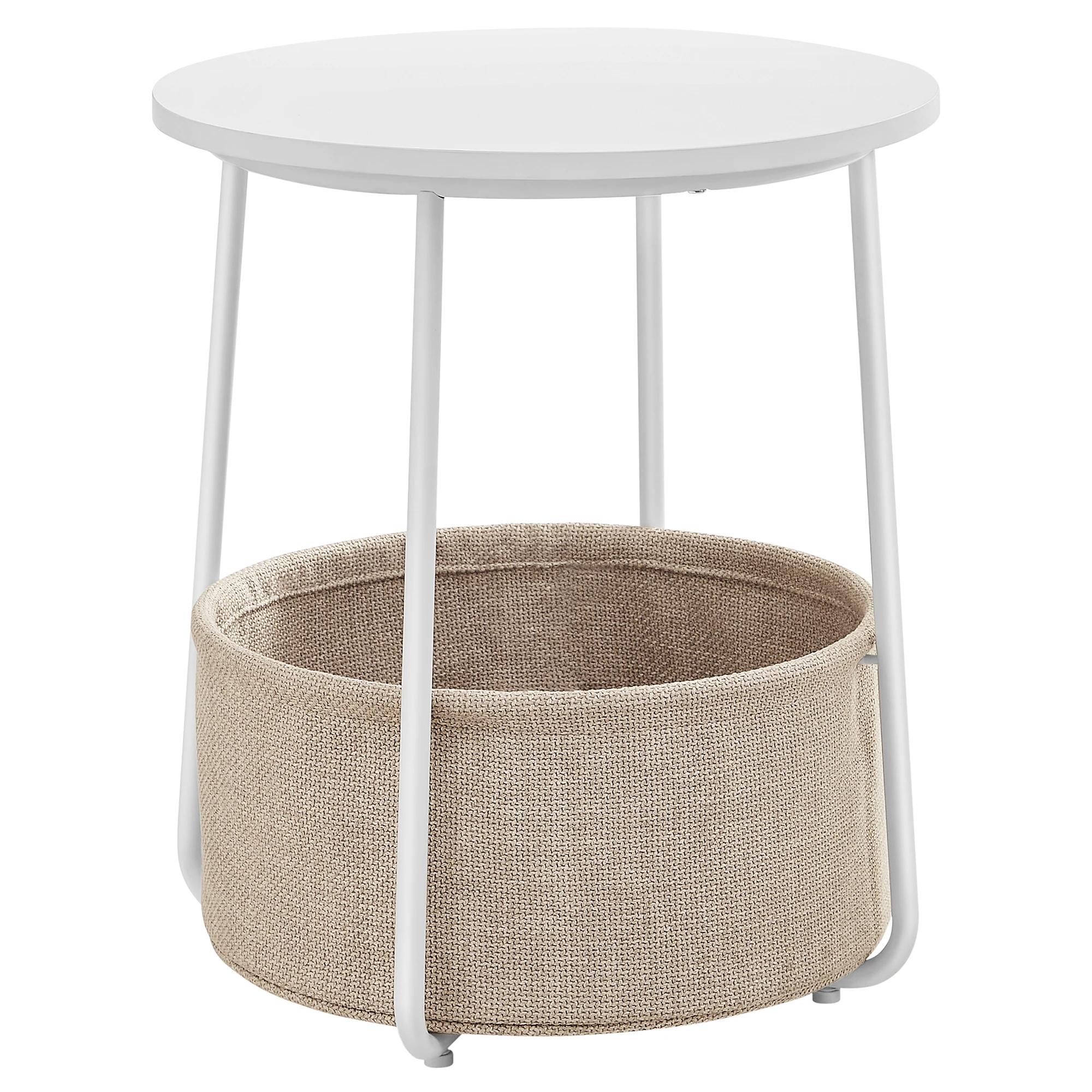 Vasagle side table, round side table with fabric basket, spacious, for living room, bedroom, nightstand, modern style, matte white and brown camel/pale blue/ice blue/natural beige and cream white/cement gray and cream white/black and