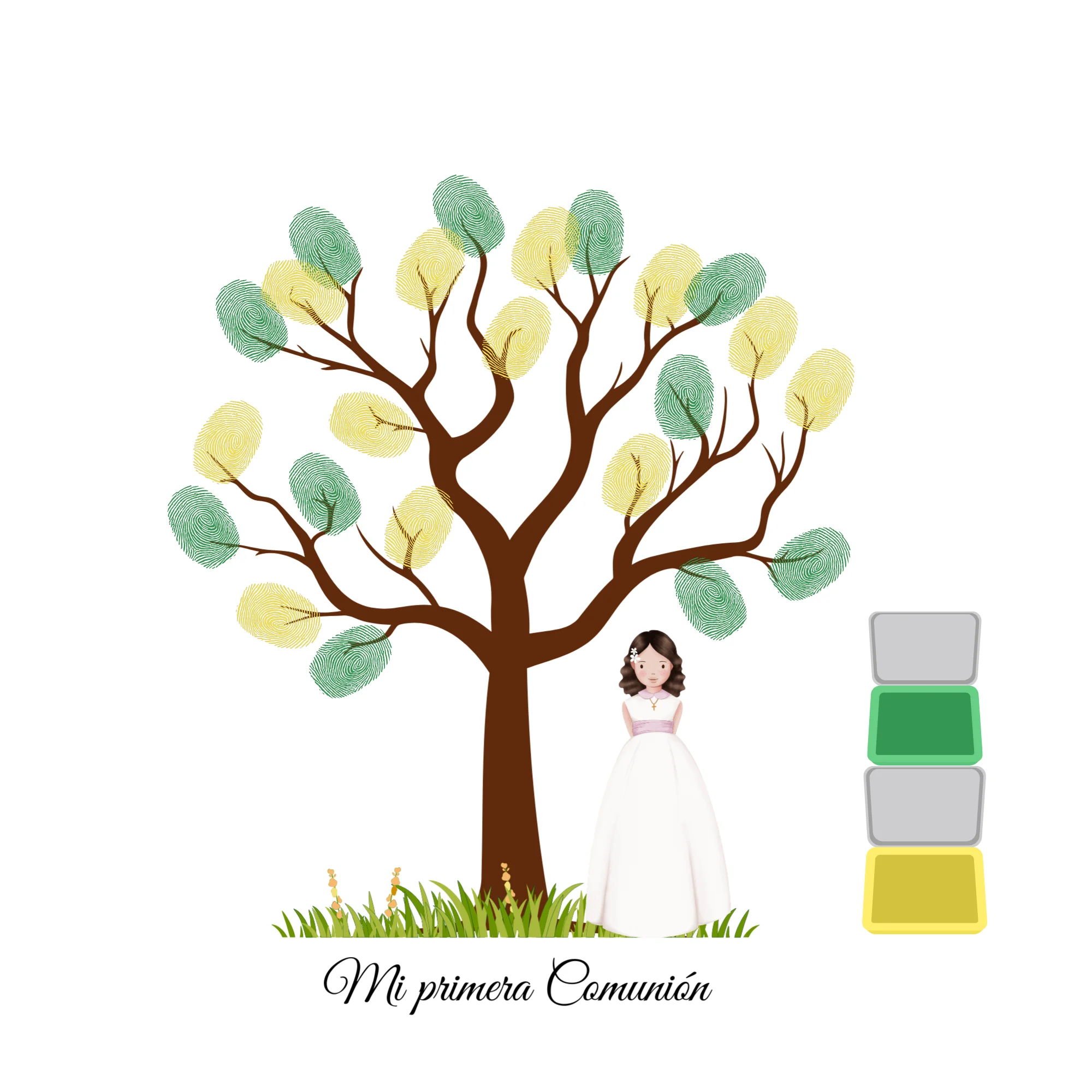 Eedama Decor Árbol de huellas niño comunión | Libro de firmas dactilares niña comunión | Diferentes modelos a elegir moreno/a rubio/a pelirrojo/a... Set de árbol mas dos tintas incluídas (color aleatorio) | Recuerdo Mi Primera Comunión | no es un cuadro
