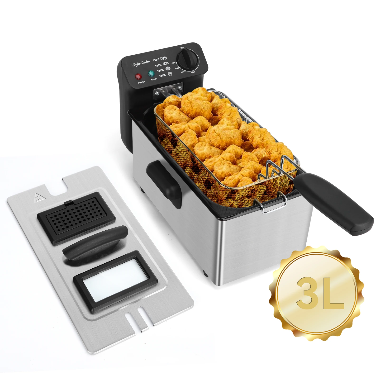 Taylor Swoden Ushas X - Freidora de aire de 3L y 2200W, con tapa transparente, cesta extraíble, termostato ajustable, acero inoxidable y libre de BPA