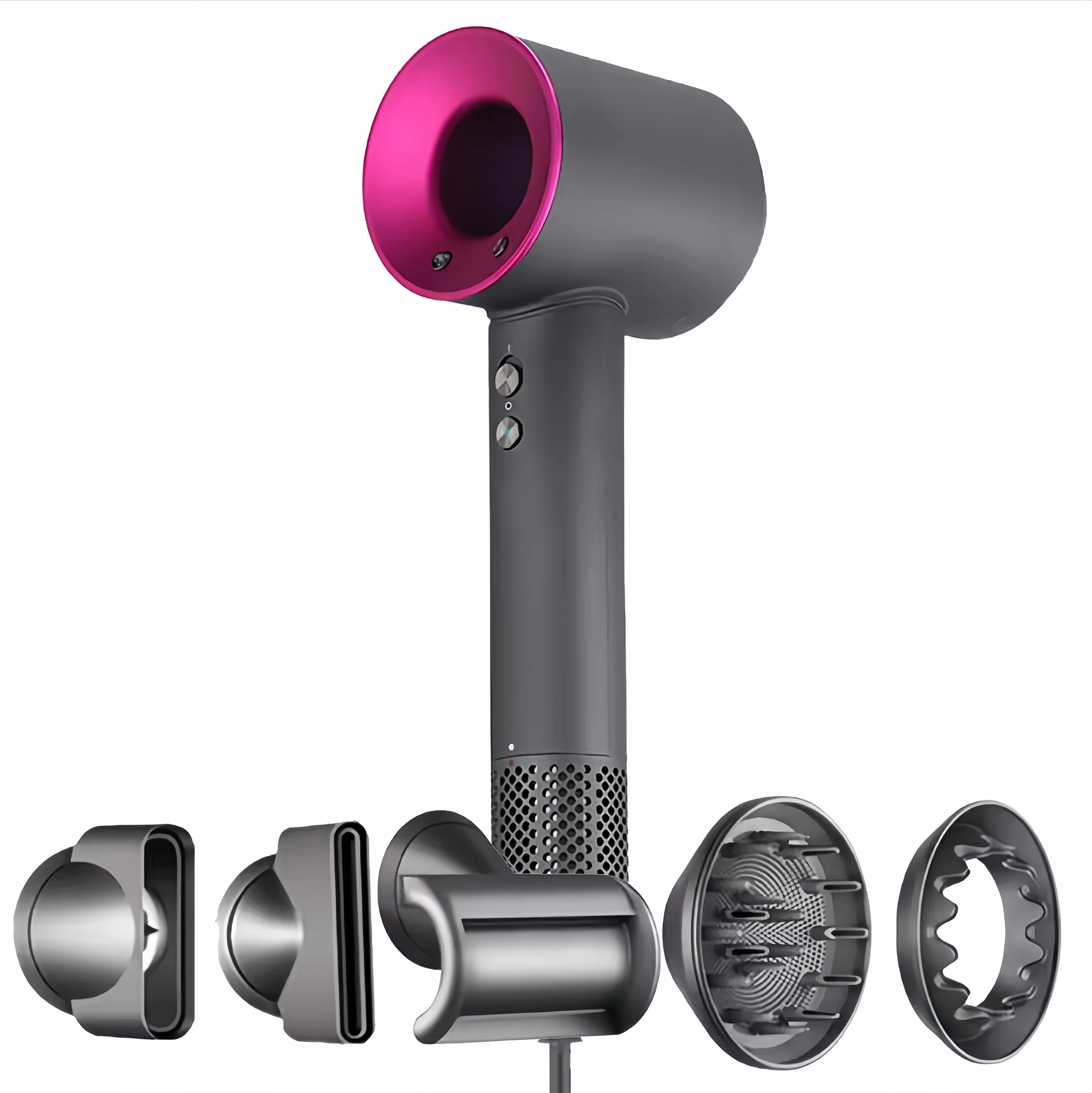 Professional Ionic Super Hair Dryer, Innovative Design Latest Generation No Blend, Weight and Size Small, with Six Accessories, Including Wall Holder, Straightening Nozzle, Flyaway, Diffuser, soft air nozzle, soft nozzle