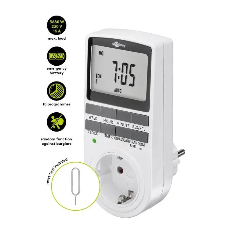 goobay - Temporizador de Enchufe Digital - 10 programas Diarios - Toma de Corriente Temporizador Modo Aleatorio antirrobo -Incl. Batería de Reserva 100 días - 3680 W a 230 V (CA) y 16 A - 64900