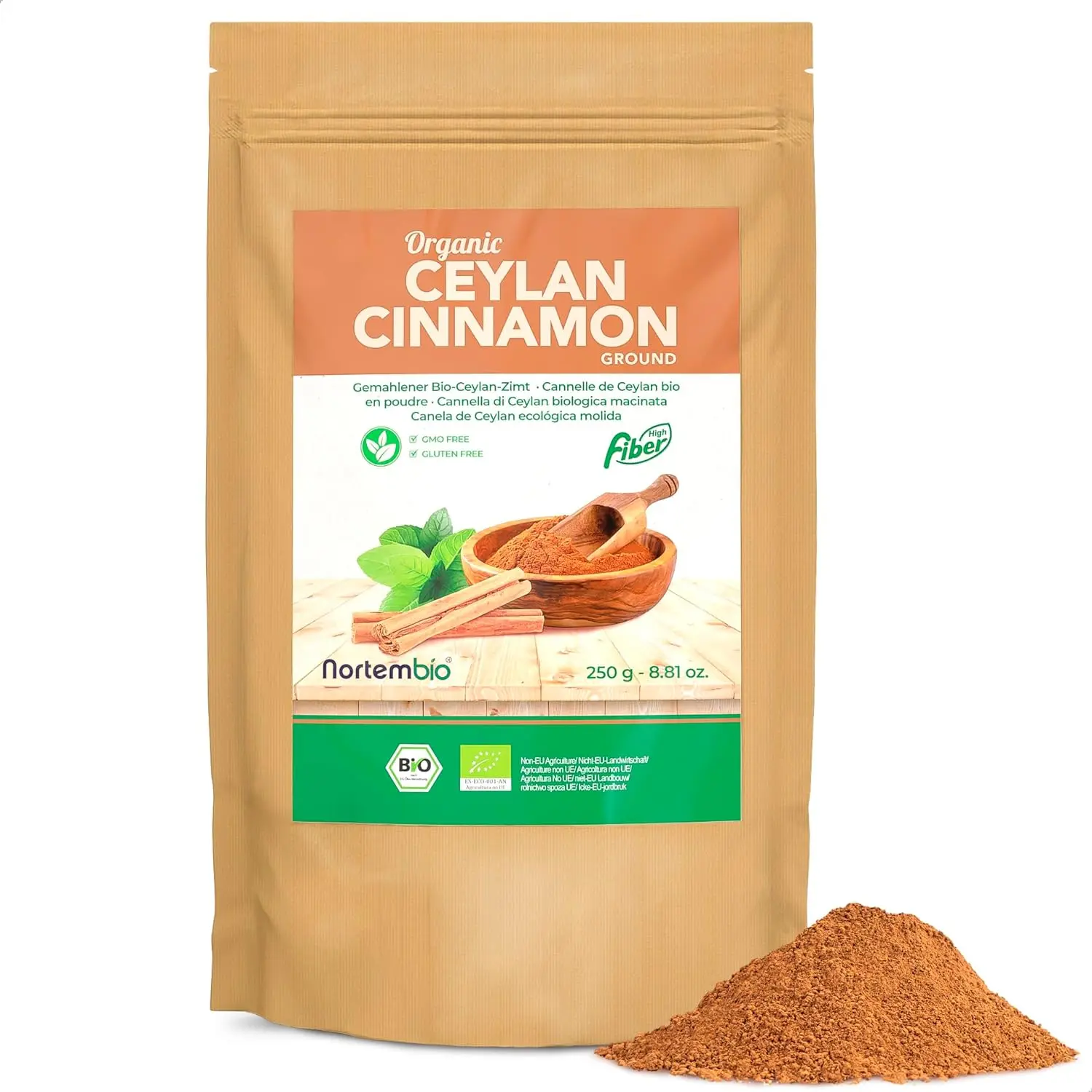 Nortembio organic Ceylan cinnamon powder 250g. Natural 100% origin. Ground cinnamon without additives or preservatives, vegan and Gluten-free. Ceylon cinnamon for pastry and infusions.