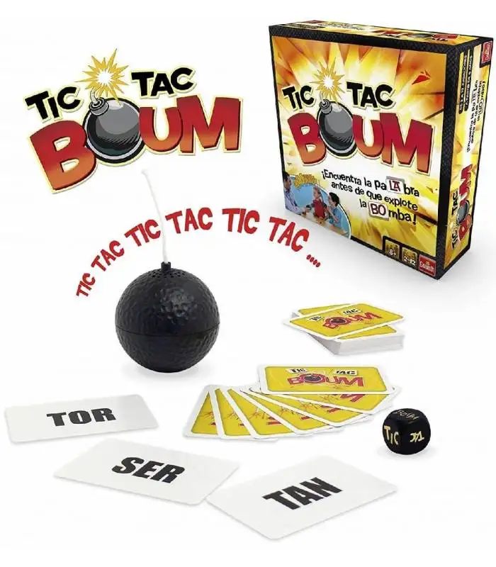 Tic Tac Boum Board Game by Goliath, a fun family game for 2-6 players aged 8+, featuring quick word association and laughter. Requires 2 AAA batteries (not included), measures approximately 26.1 x 8.2 x 26.1 cm, ideal for game nights. #2