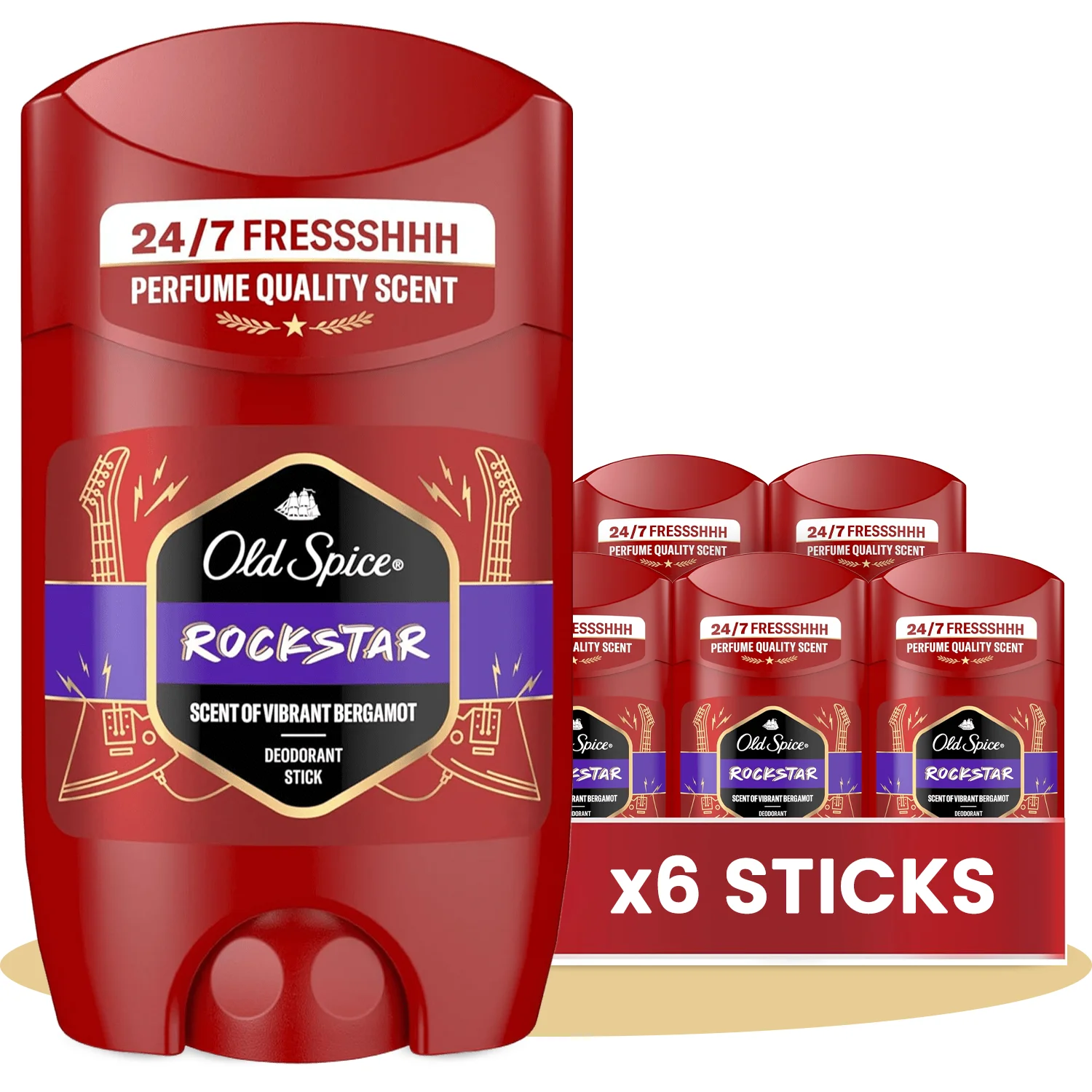 Old Spice Rockstar Pack 6 Desodorante en Barra Para Hombres, Fresco 24 Horas, Ideal para Uso Diario, Perfume Duradero, Sin Aluminio, Fragancia Excepcional a Bergamota, Manzana y Madera, Protección