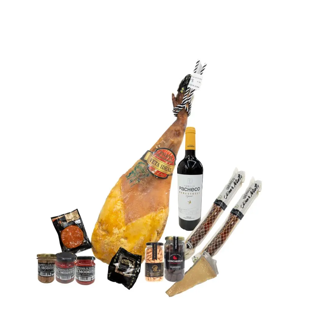 PACK DELICIAS con Paletilla Duroc 50%, Embutidos Ibéricos, Conservas, Frutos Secos y Vino Tinto Pacheco Monastrell - Marca Lonchemur