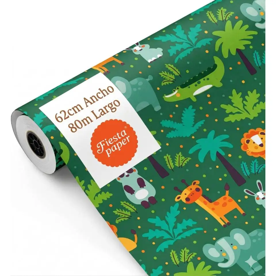 Bobina papel de regalo, rollo grande 62cm x 80m • Infantil ANIMALES SELVA • Ideal para: Tiendas Negocios FIESTA PAPER
