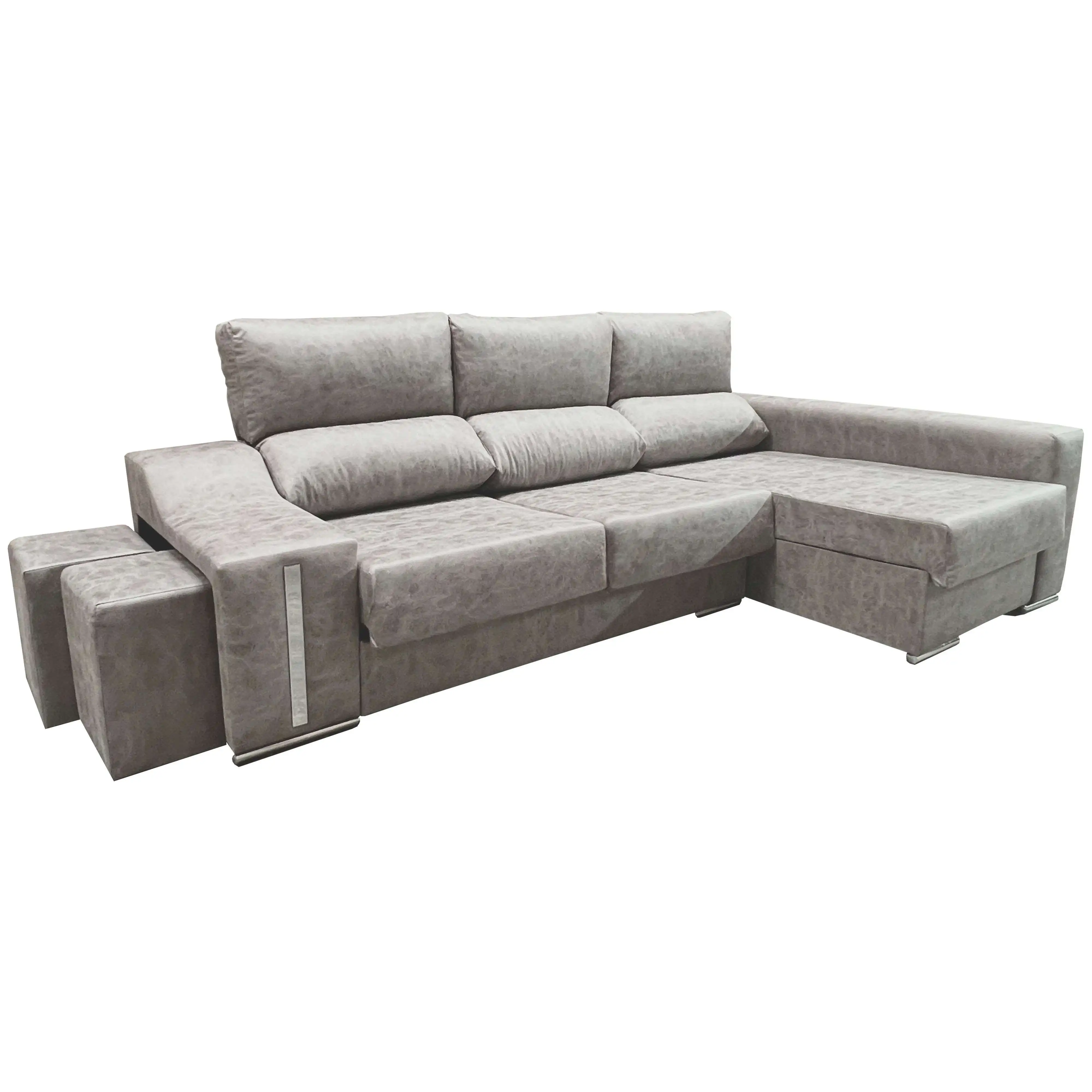 Sofá Chaise Longue Oscar 3 Plazas, Arcón, 2 Puffs, Asientos Extensibles Gris Cemento