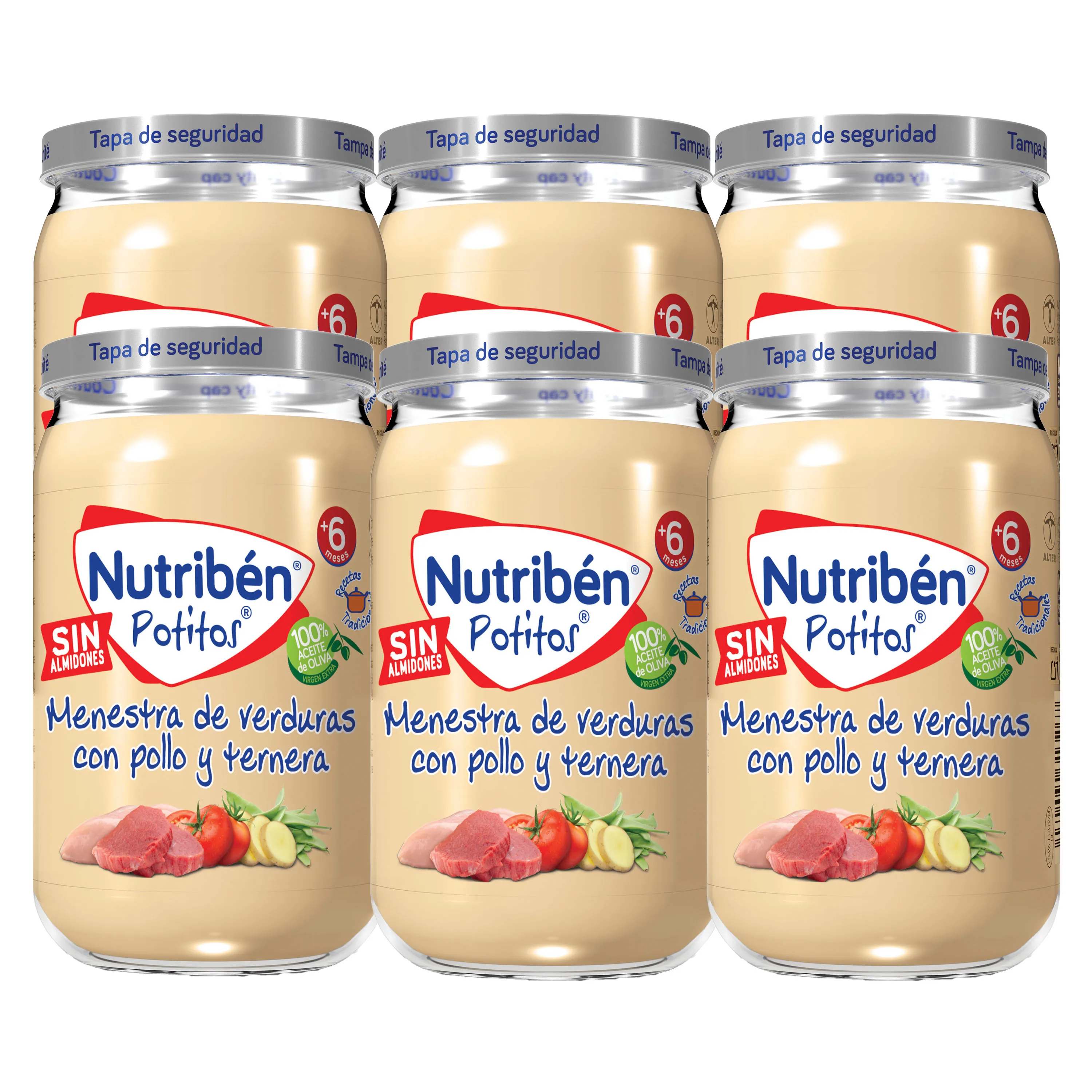 Potitos Nutriben - Tarritos Comida Bebé de Carne A Partir de 6 Meses | Menestra de Verduras con Pollo y Ternera - Sin Gluten - Sin Aceite de Palma | Con Alimentos Naturales, Aceite de Oliva 100% Virgen Extra - No Contiene Leche ni Huevo | Pack de 6
