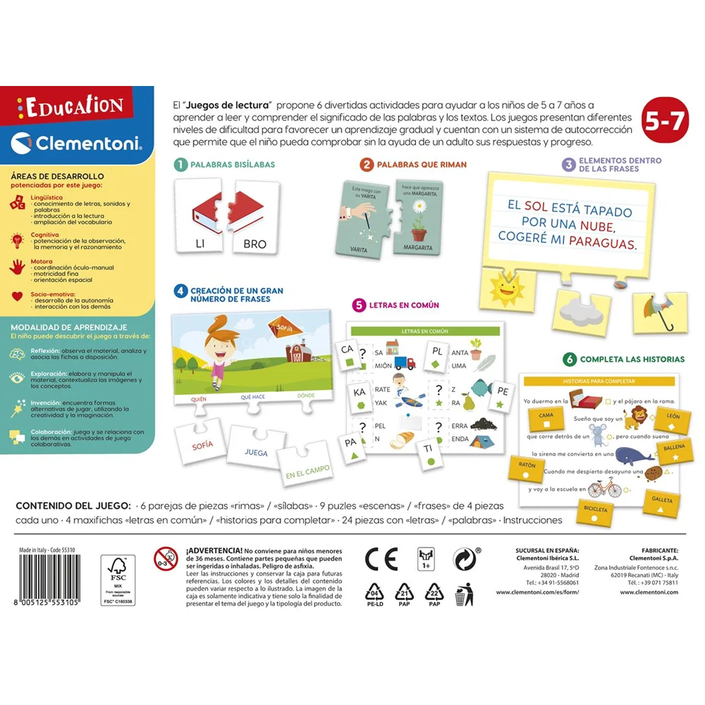 Learn to Read Game by Clementoni 37x28.4x5 cm, an educational Montessori toy for children aged 5 and up that promotes active learning and essential reading skills like letter recognition and phonetics.