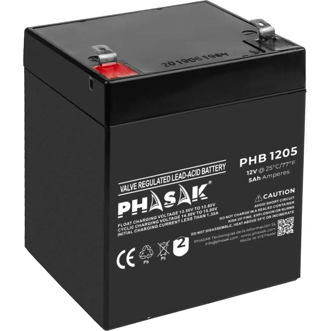 Batería Sellada PHASAK PHB 1205 de 12V 5Ah para SAI/UPS, Seguridad y Telecomunicaciones – Libre de Mantenimiento y de Alta Durabilidad