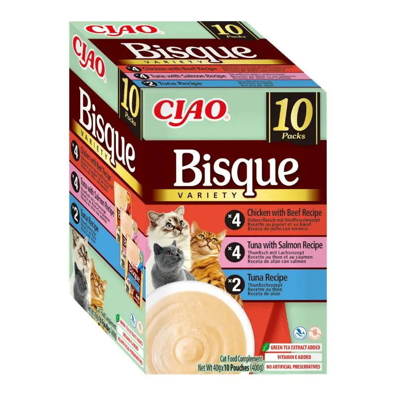 Bisque CAT Multipack para Gatos: Pollo con Buey, Atún con Salmón y Atún – 10 x 40g