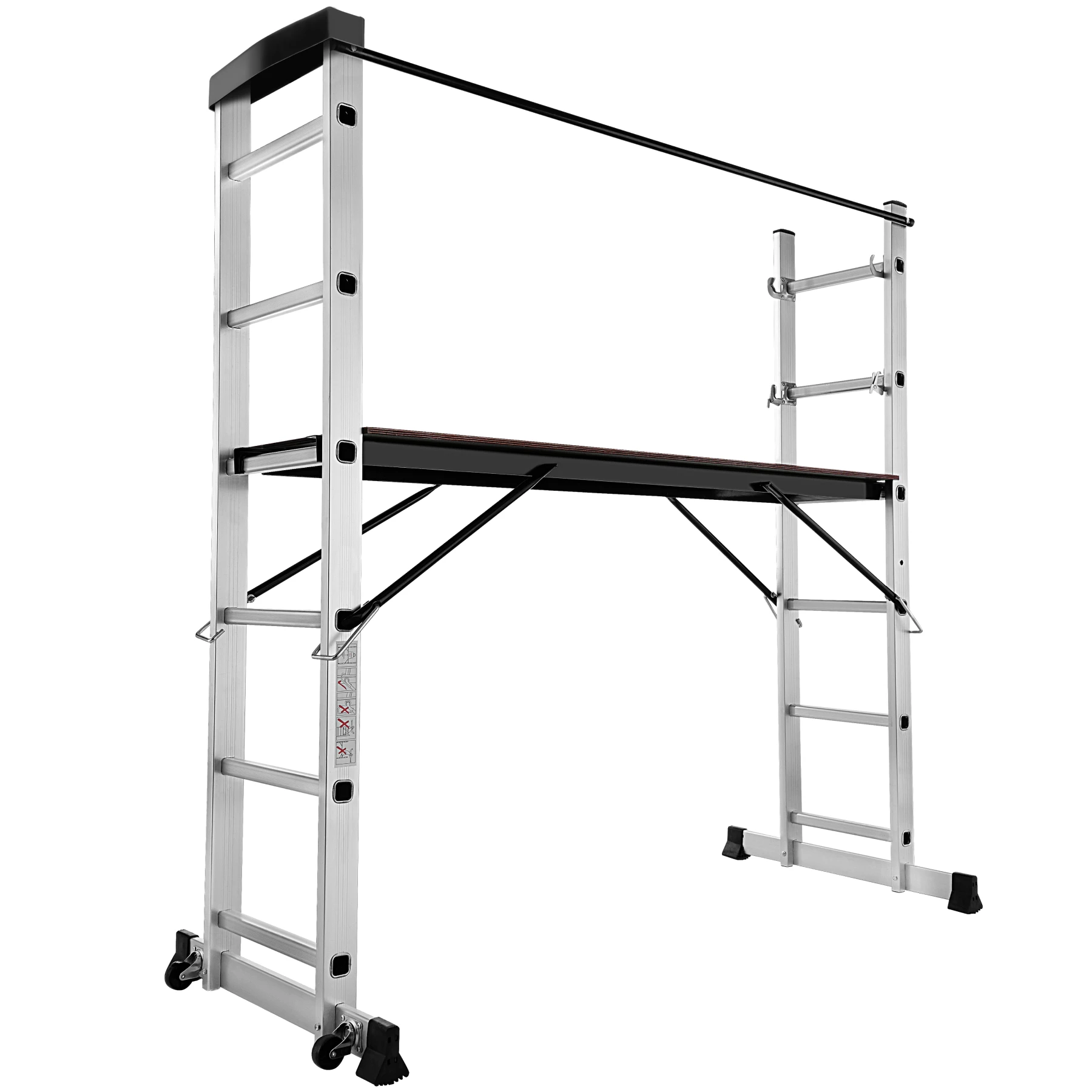 Four-in-1 multi-purpose aluminum ladder: single ladder, scissor ladder, simple scaffolding and uneven scaffolding large working platform, approx. 147x40 cm with two wheels easily changes the position