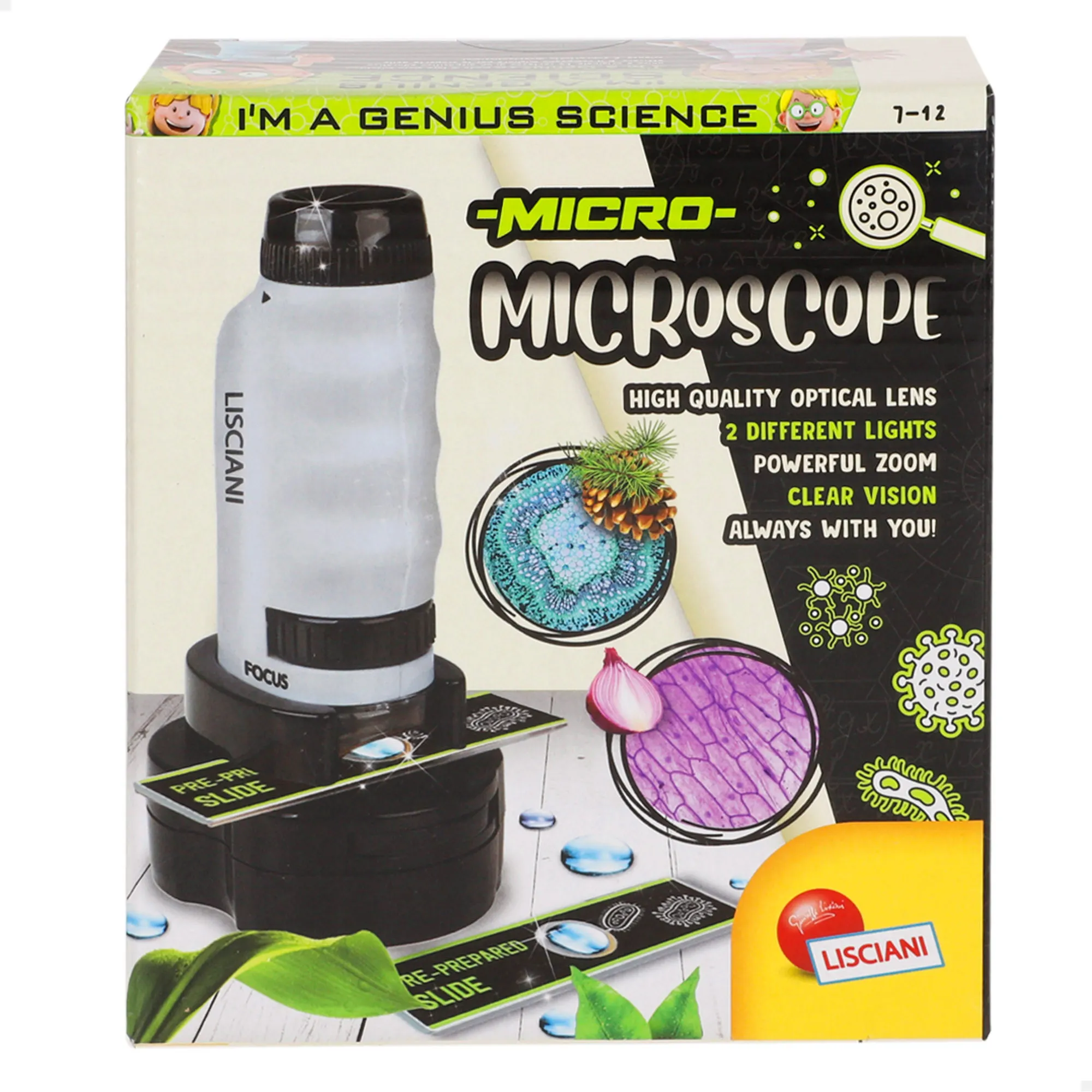 Lisciani - Microscopio óptico para niños, micro microscopio electrónico 2 en 1, observación libre o con portaobjetos, pequeño, portátil, ligero, zoom 160x, regalo niño 7 años, juguetes para niños y