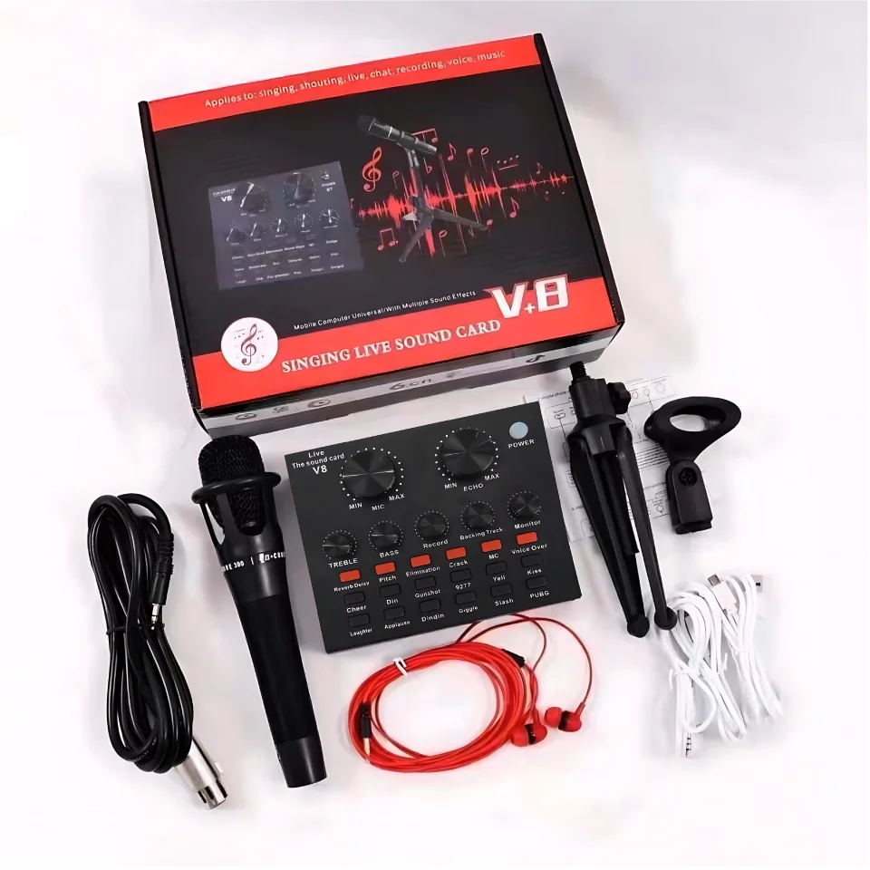 LIFA Pack de tarjeta de sonido/mezclador de sonido con 17 efectos y micrófono para streaming/transmisión en vivo V8