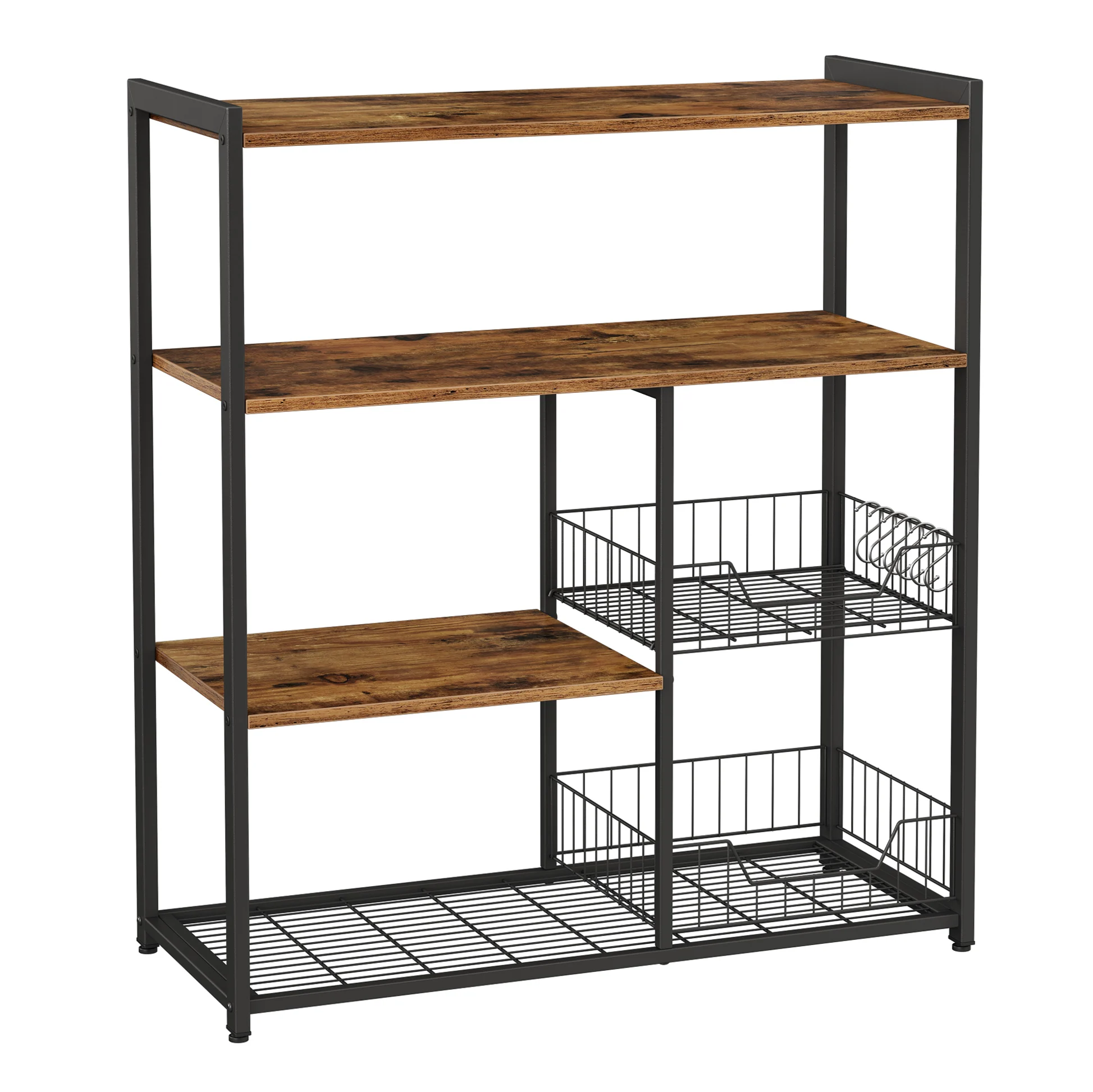 VASAGLE Estantería de Cocina con 2 Cestas de Malla Metálica, Estantería para Microondas, con Estantes y Ganchos, 35 x 80 x 95 cm, Estilo Industrial, 