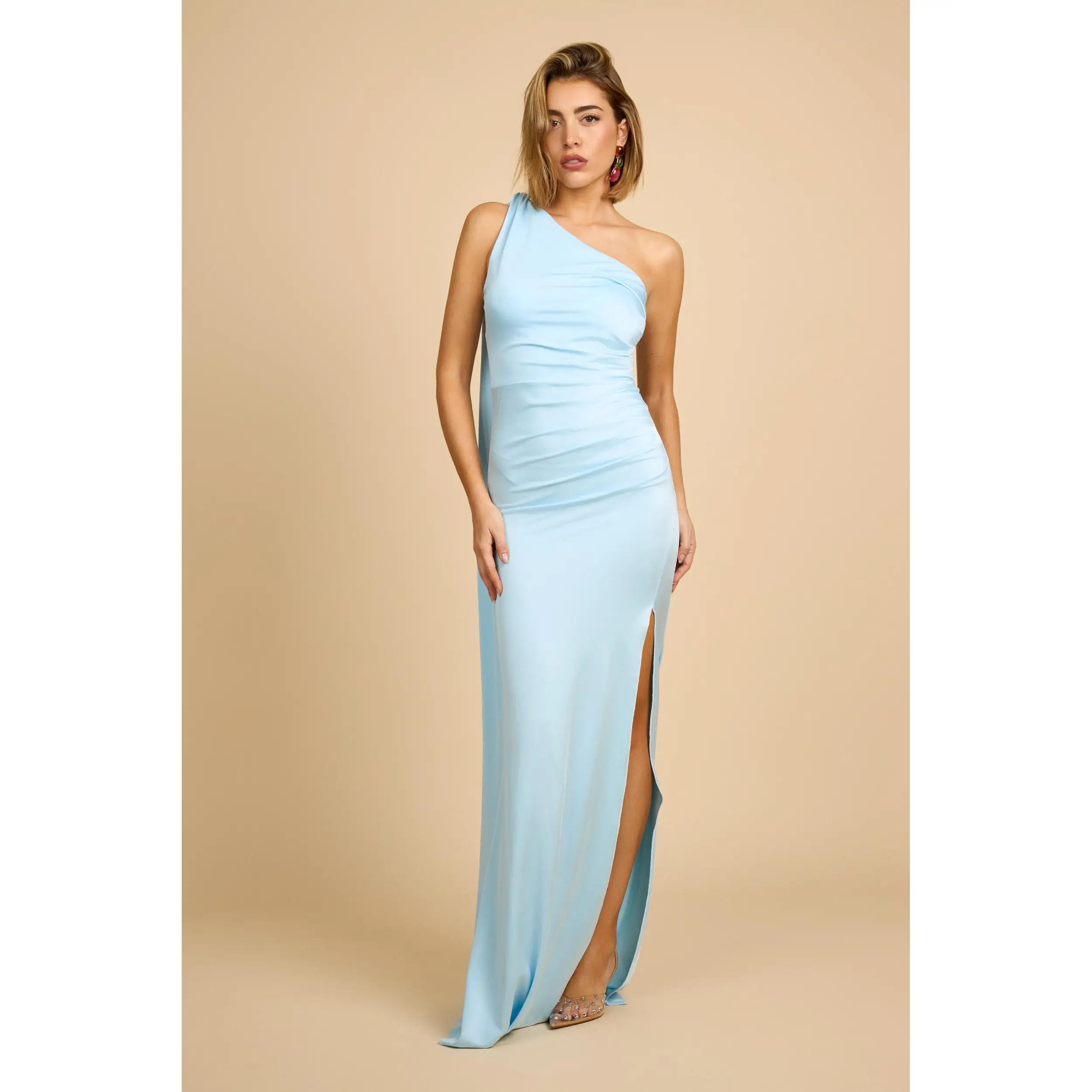 Vestido Largo Mujer Asimétrico de Un Hombro. Vestido Elegante con Abertura Lateral, Drapeado y Capa Fluida, Vestido Fiesta Invitada Boda Disponible en Amplia Gama de Colores