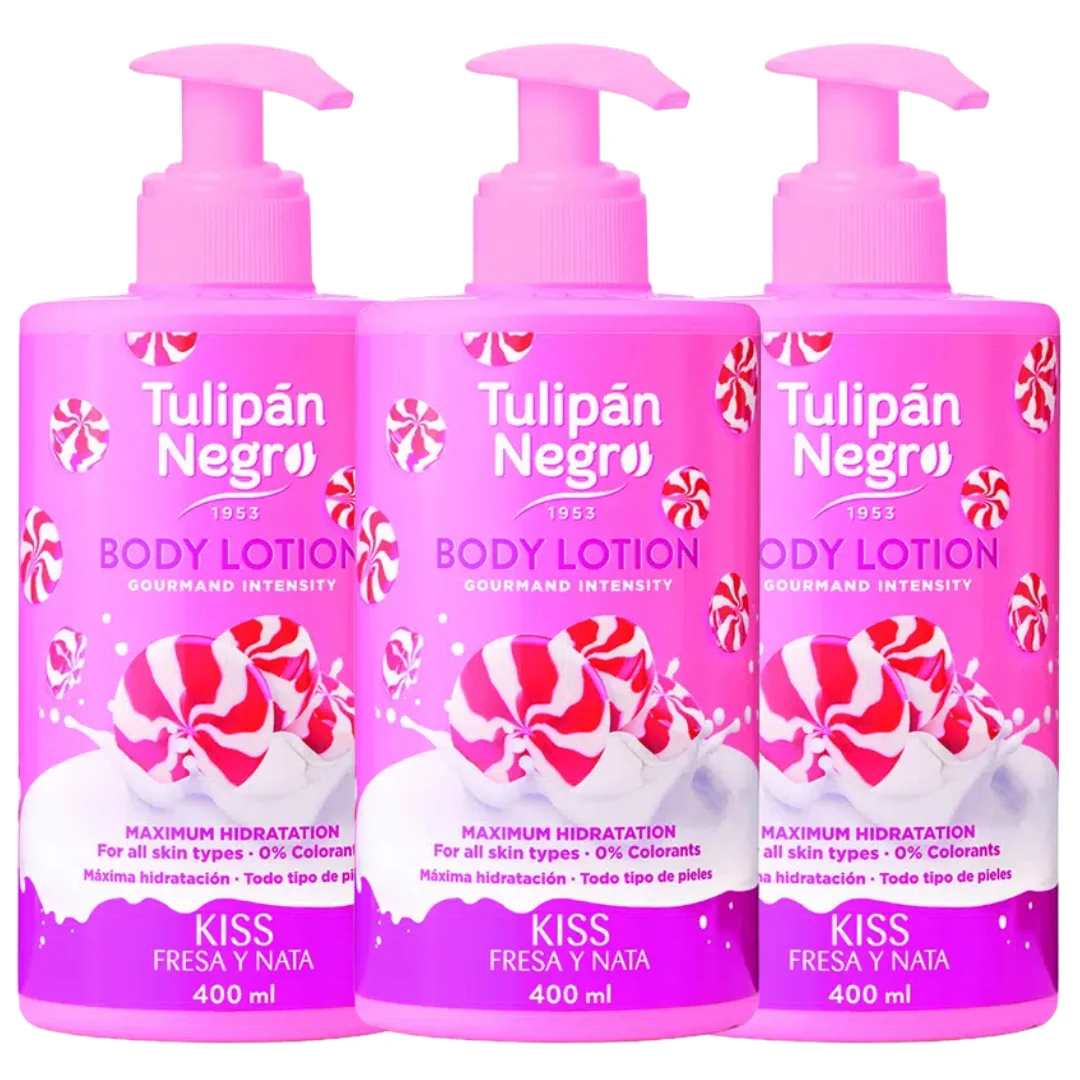 Pack 3 Lociones Corporales Tulipán Negro Fresa y Nata 400 ml | Hidratación profunda, suavidad y aroma dulce y cremoso para tu piel. Ideal para cuidado diario y sensación de confort.