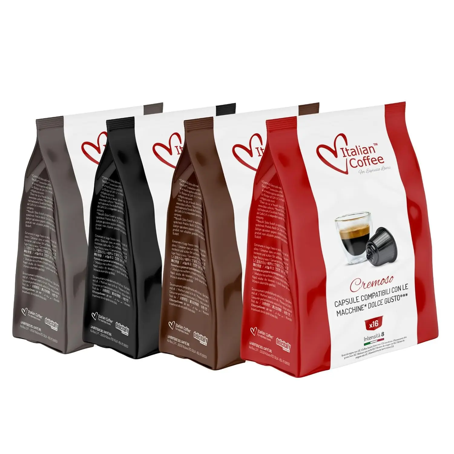 Italian Coffee For Espresso Lovers - Kit de degustación 64 cápsulas compatibles Nescafé Dolce Gusto® (4×16): Cremoso, Ristretto, Vigoroso y Arabica Bio — 100% Made in Italy, tostado y molido, envasado en atmósfera protectora