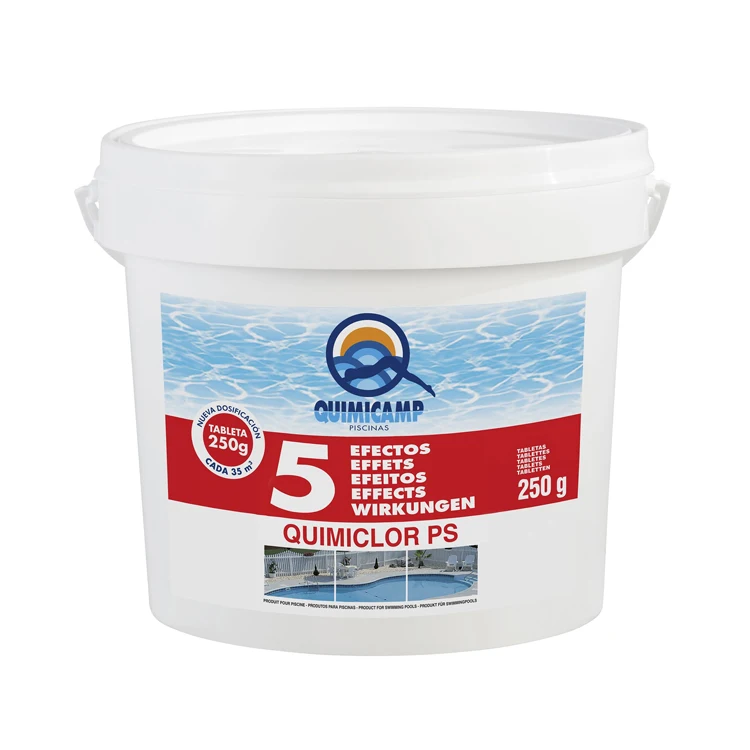 Cloro 5 Efectos Quimiclor PS Quimicamp (en cubo de 5kg) en pastillas de 250g ideal para el mantenimiento continuo del agua de la piscina al tener cloro, algicida, floculante, antical y mantenedor del
