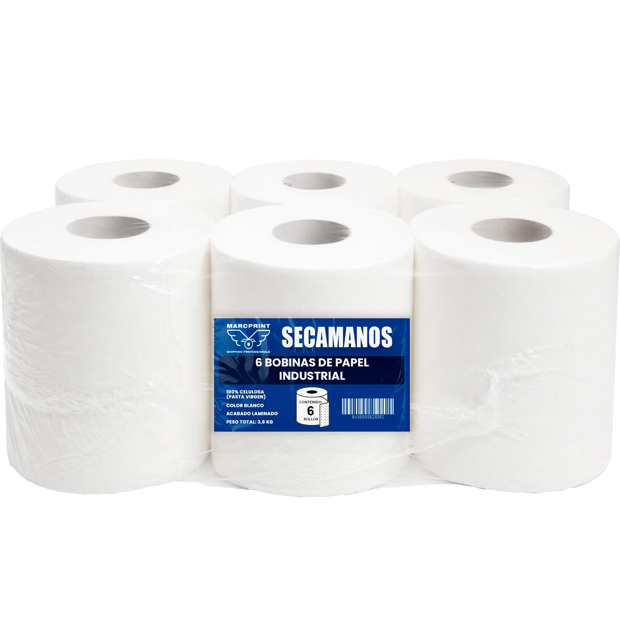 MARCPRINT - 6 Bobinas de Papel Secamanos de Celulosa Blanco - Rollos de Papel Industrial Formato Ahorro con Mayor Capacidad por Bobina