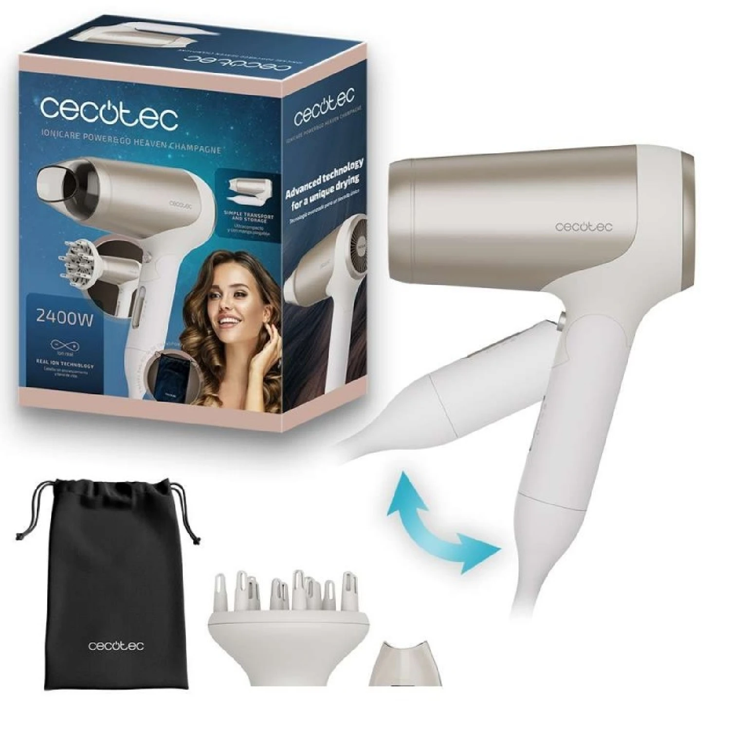 Cecotec Secador de Pelo Plegable IoniCare Power&Travel Champagne. 2400W, Motor DC, Tecnología de Iones Reales, Compacto