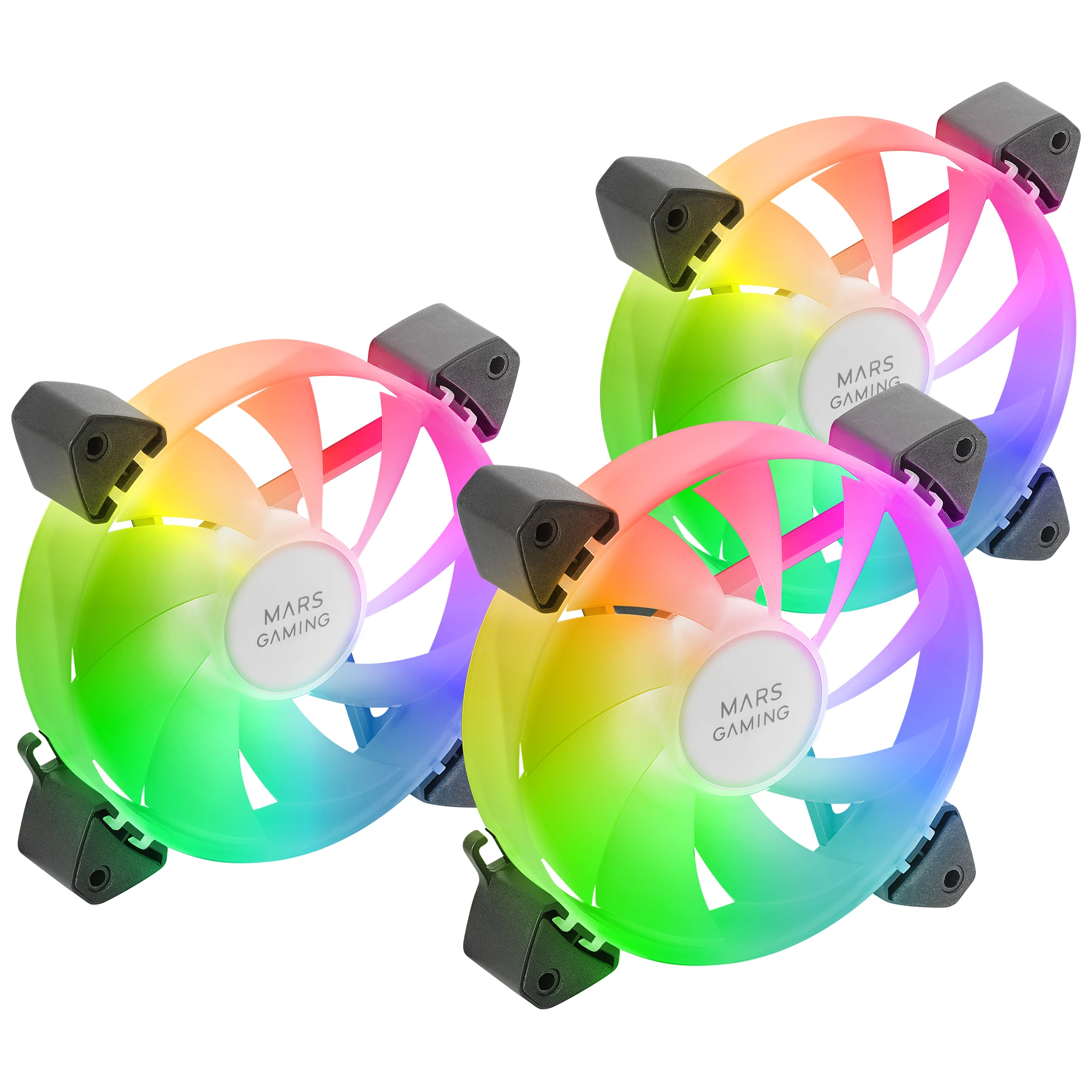 Mars Gaming MF-3A, Kit 3x Ventiladores FDB Ultrasilenciosos 120mm, Iluminación ARGB Rainbow 360º Sin Marco, Ventialdores 3en1 con Compatibilidad Total ARGB, Doble Conector ARGB Macho + Hembra,