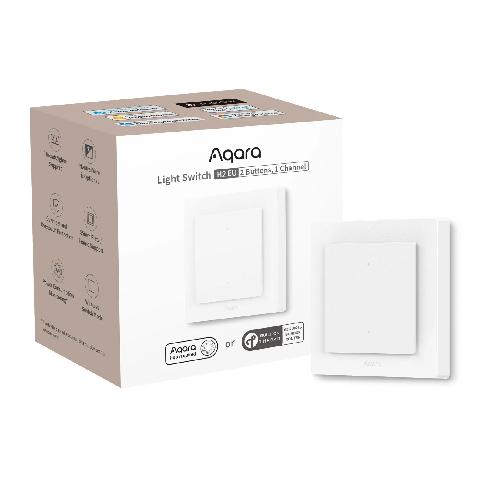 Aqara interruptor de luz h2 eu | interruptor de luz | 2 botones, 1 canal, sin conexión