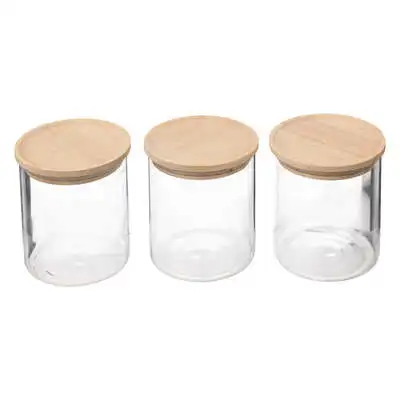 Factory Cuadros - Juego de 3 Tarros de Cristal y Madera Herméticos para Conservar Alimentos - D. 8 5 X H. 10 5 Cm