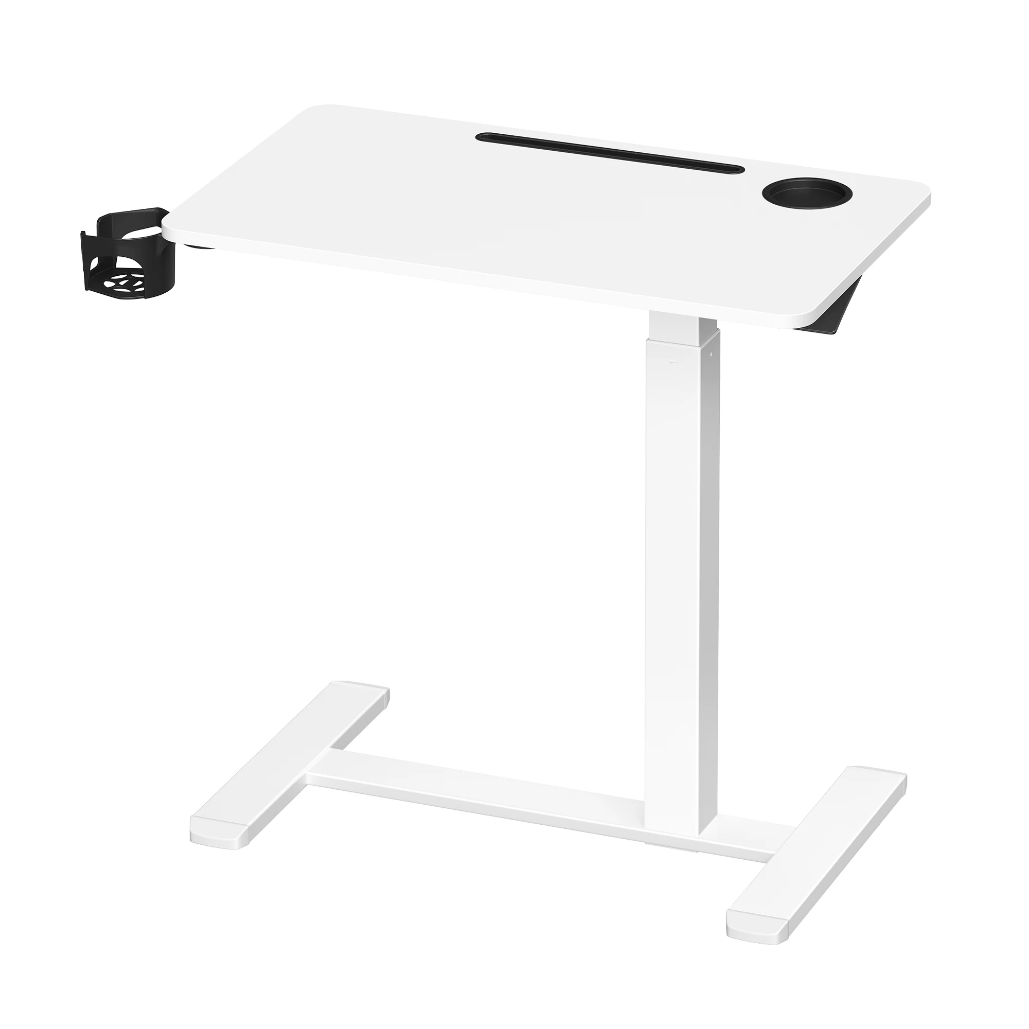 VASAGLE Scrivania con ruote, tavolino, piano 80 x 45 cm, altezza regolabile, 2 portabicchieri, slot per cellulare o tablet, bianco nuvola