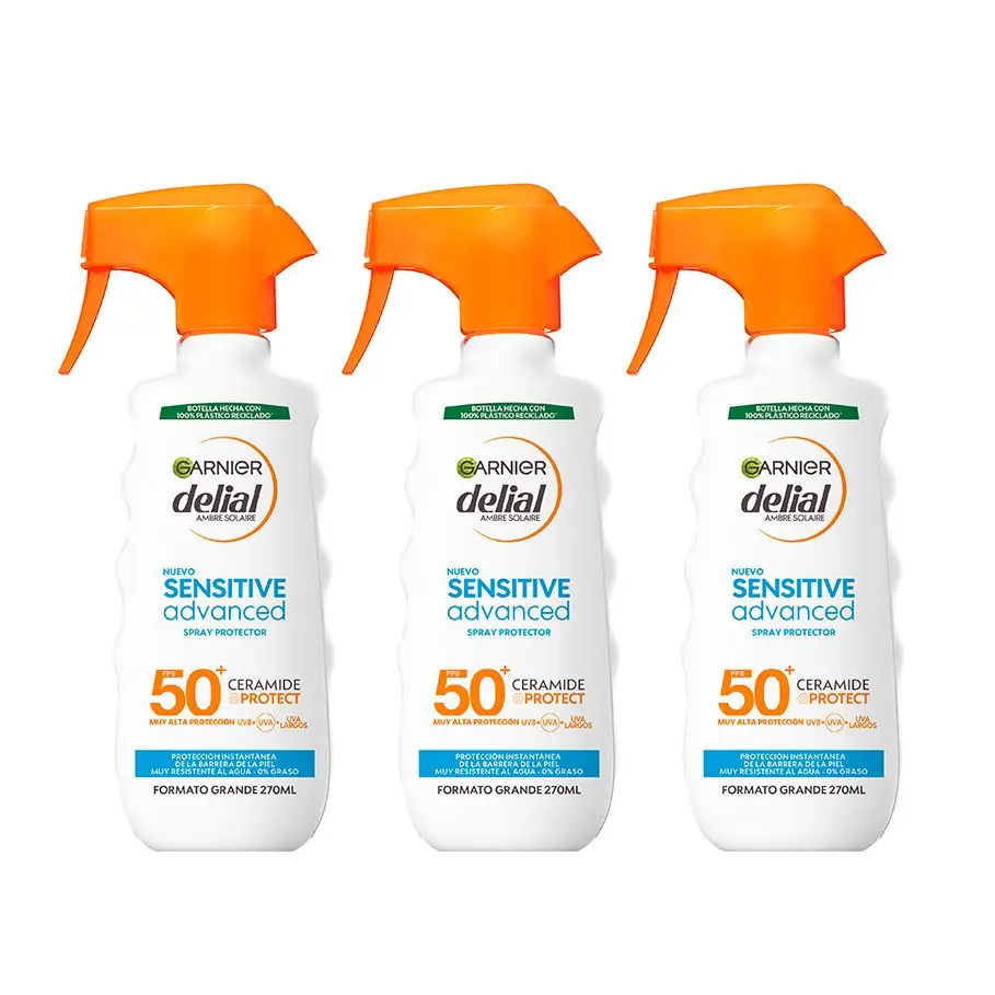 Garnier | Delial Spray Protector Sensitive Advanced Adultos crema solar para pieles claras, sensibles e intolerantes al sol IP50+. Muy resistente al agua, 0% graso, 0% pegajoso - 3x270 ML