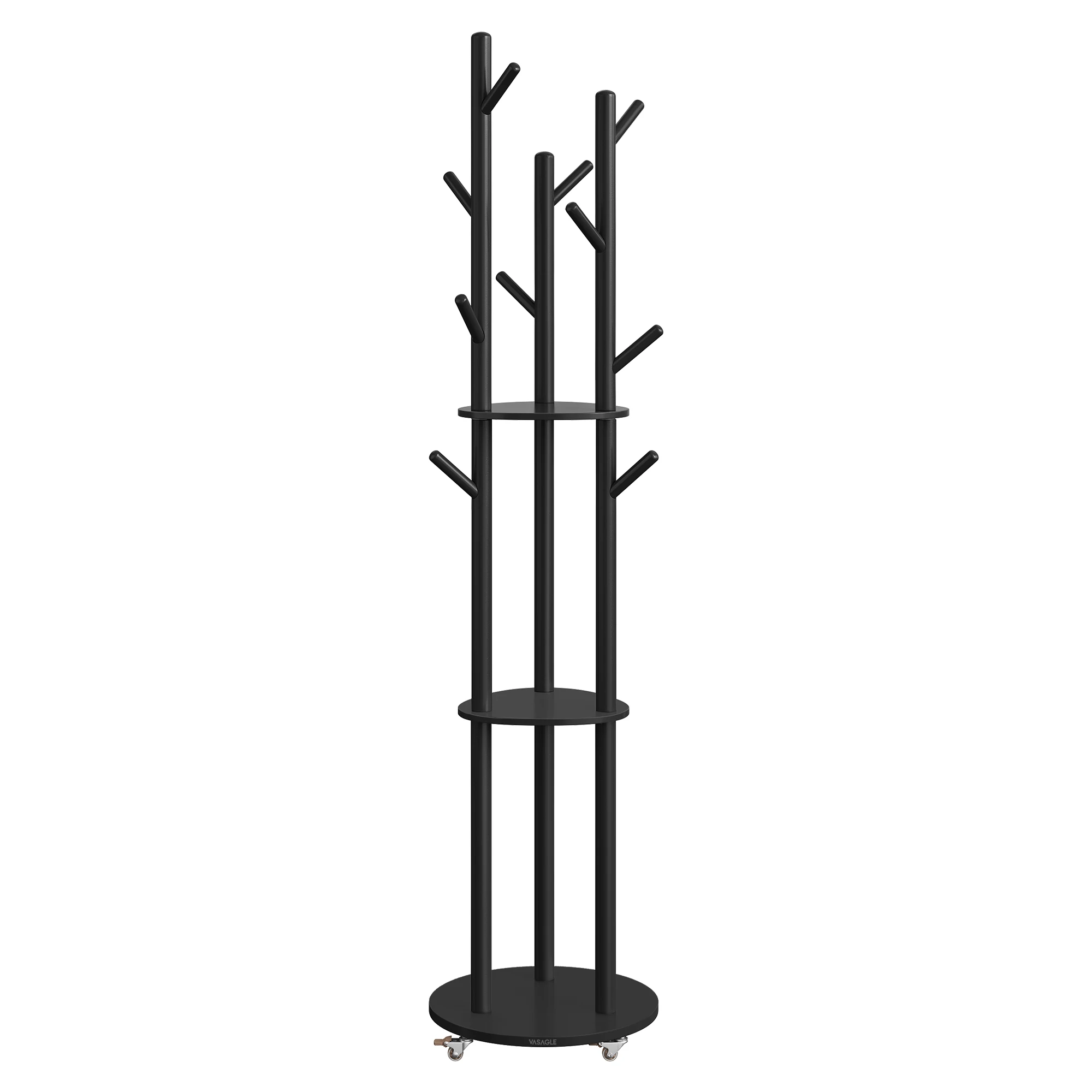 VASAGLE Perchero de Pie, Perchero con 11 Ganchos y 3 Estantes, 4 Ruedas Giratorias de 360° y Extraíbles, Ganchos y Postes de Madera, para Entrada Dormitorio Salón, Negro Tinta/Blanco Nube/Natural,