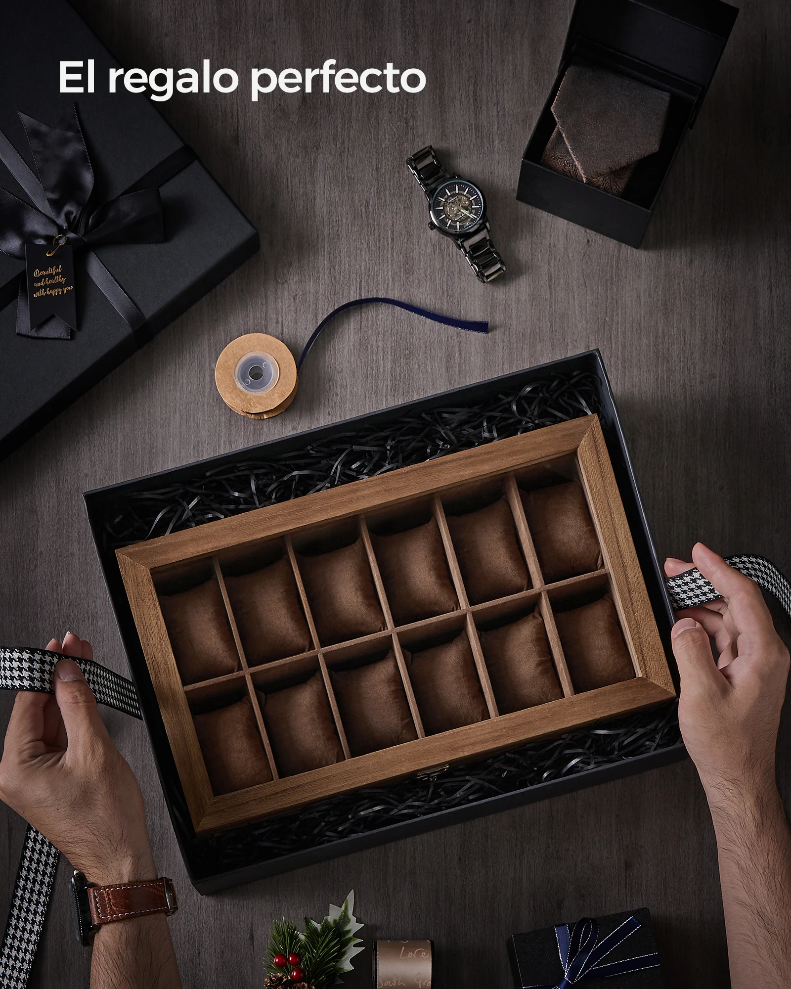 Songmics watch box with 12 compartments, solid wood watch box, with glass lid, watch cushion, gift for loved ones, rustic walnut/ebony black/ink black, christmas gift #8