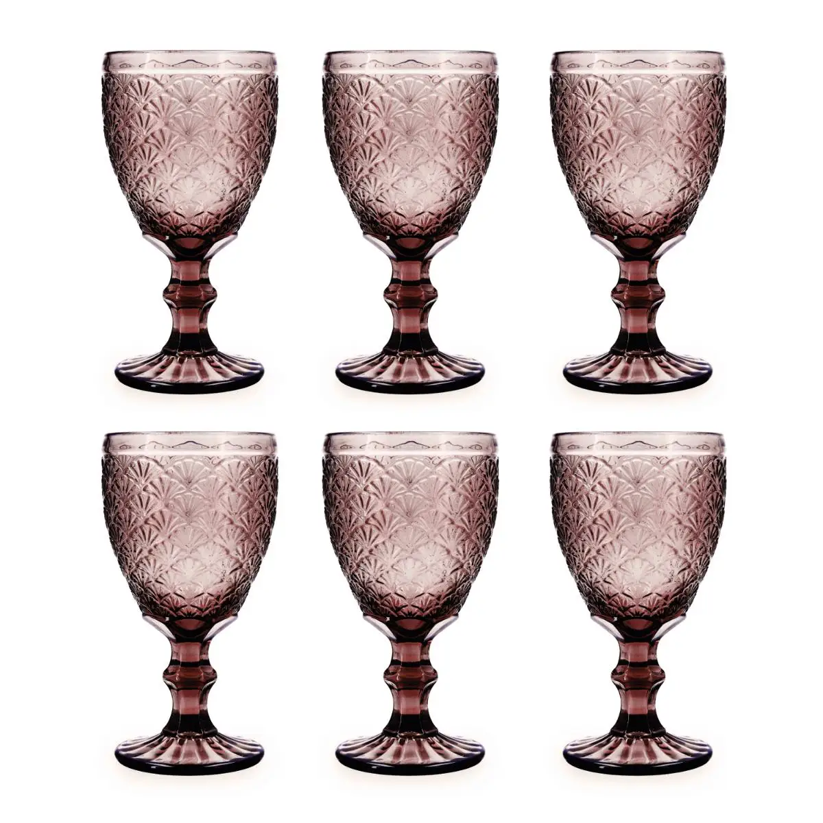 SET DE 6 COPAS VIDRIO ROSA CON RELIEVE