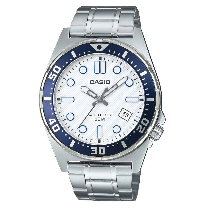 Casio MTD-135D-7A – Reloj deportivo de acero con esfera blanca resistente al agua 100m
