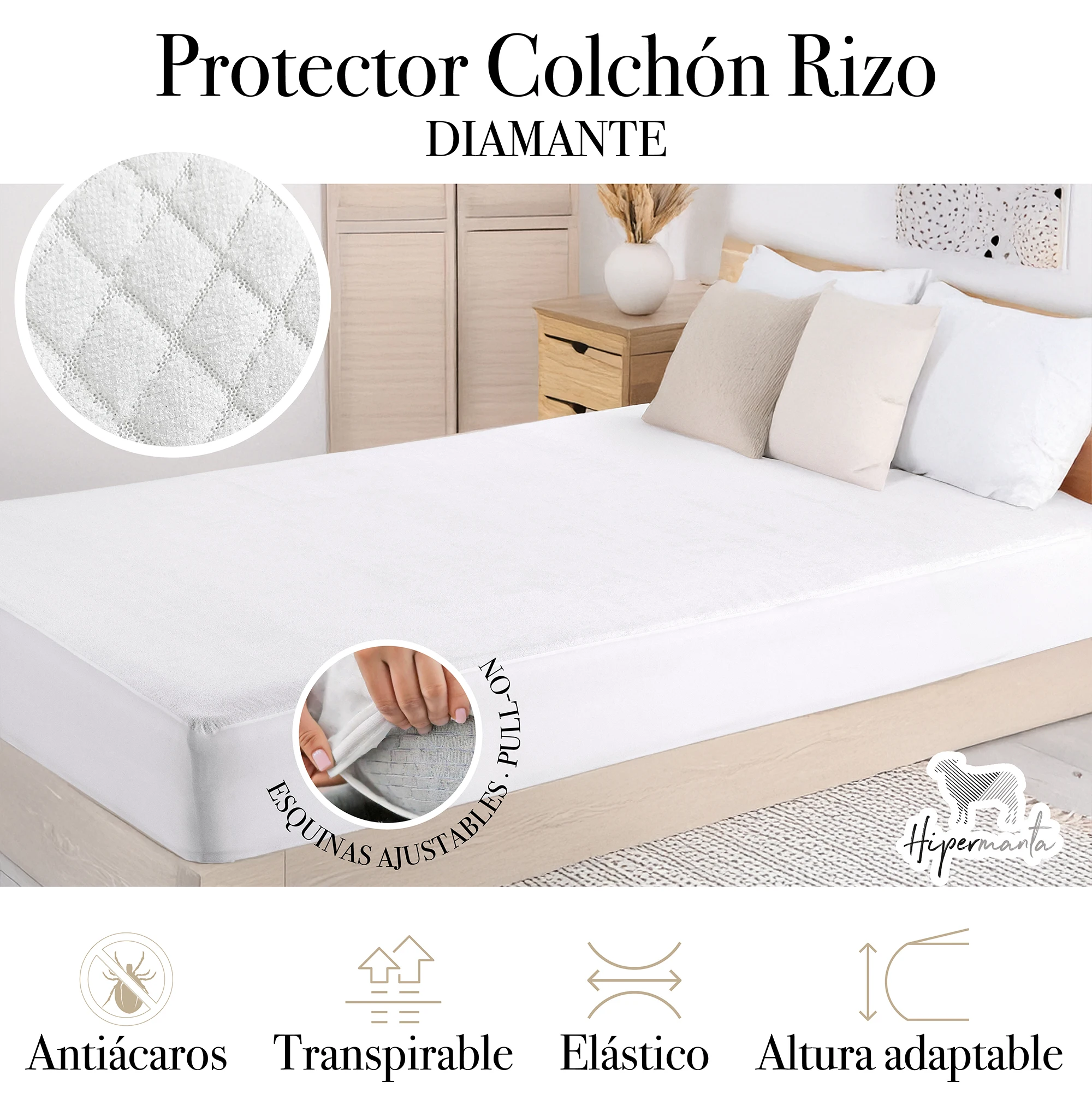 HIPERMANTA. Protector colchón RIZO DIAMANTE.  ANTIÁCAROS y TRANSPIRABLE. Ajustable. Protector para colchón de 90, 105, 135, 150 y 180 cm.