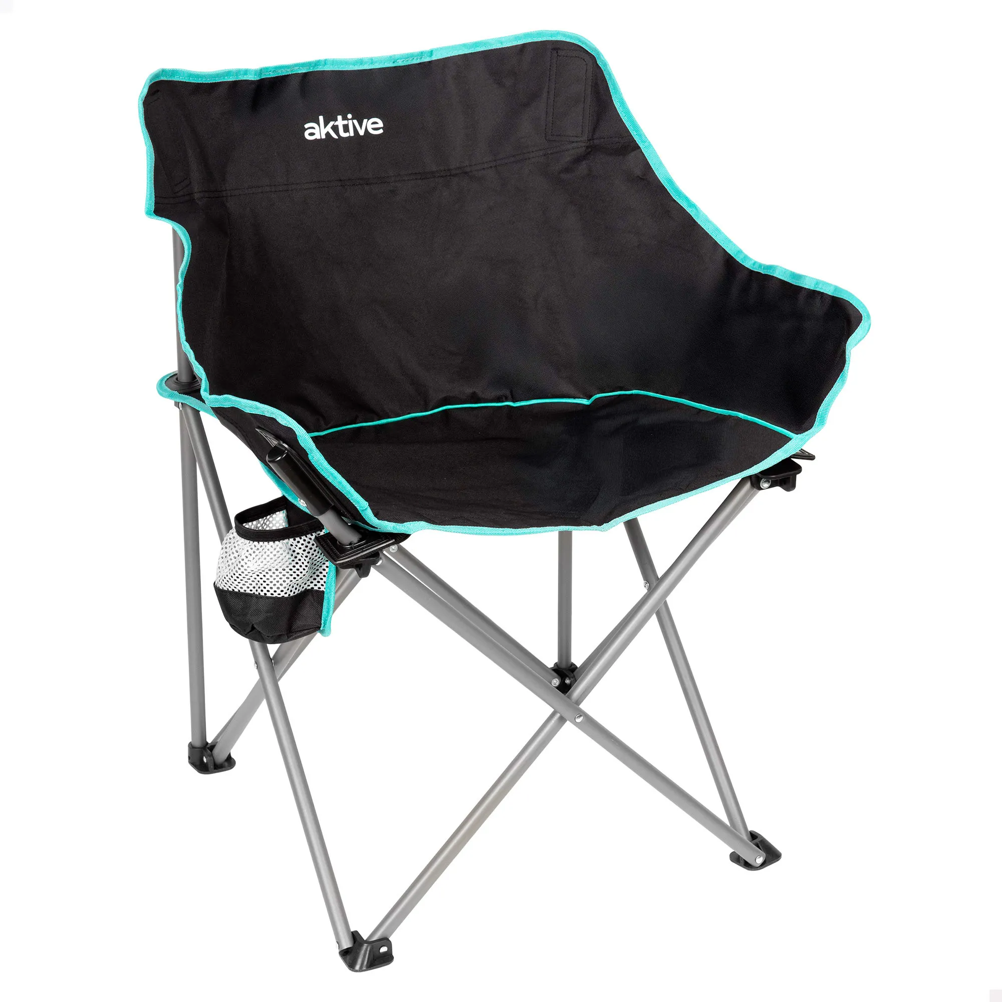 Aktive - Silla plegable de camping con posavasos, estructura de acero, ligera y resistente. Incluye bolsa de transporte, ideal para exteriores, playa y montaña. Fácil de transportar y almacenar.