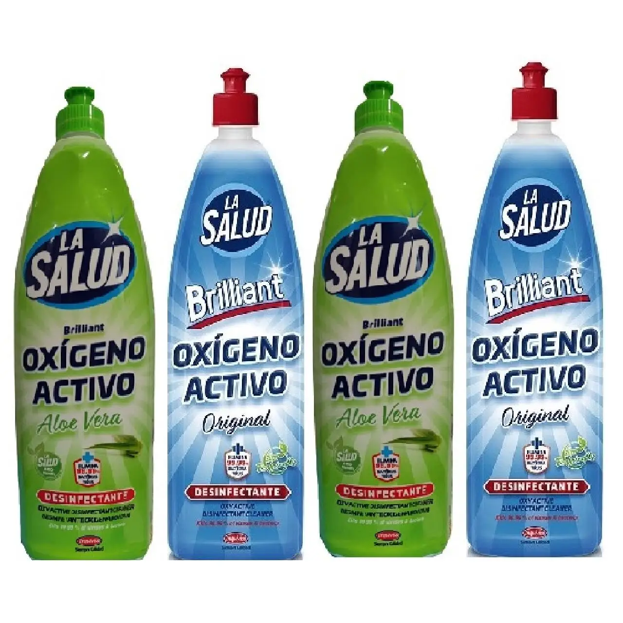 DESINFECTANTE MULTIUSOS SIN LEJIA  2 OXIGENO ACTIVO LA SALUD ORIGINAL Y 2 ALOE VERA BRILLIANT SIN LEJIA PACK4